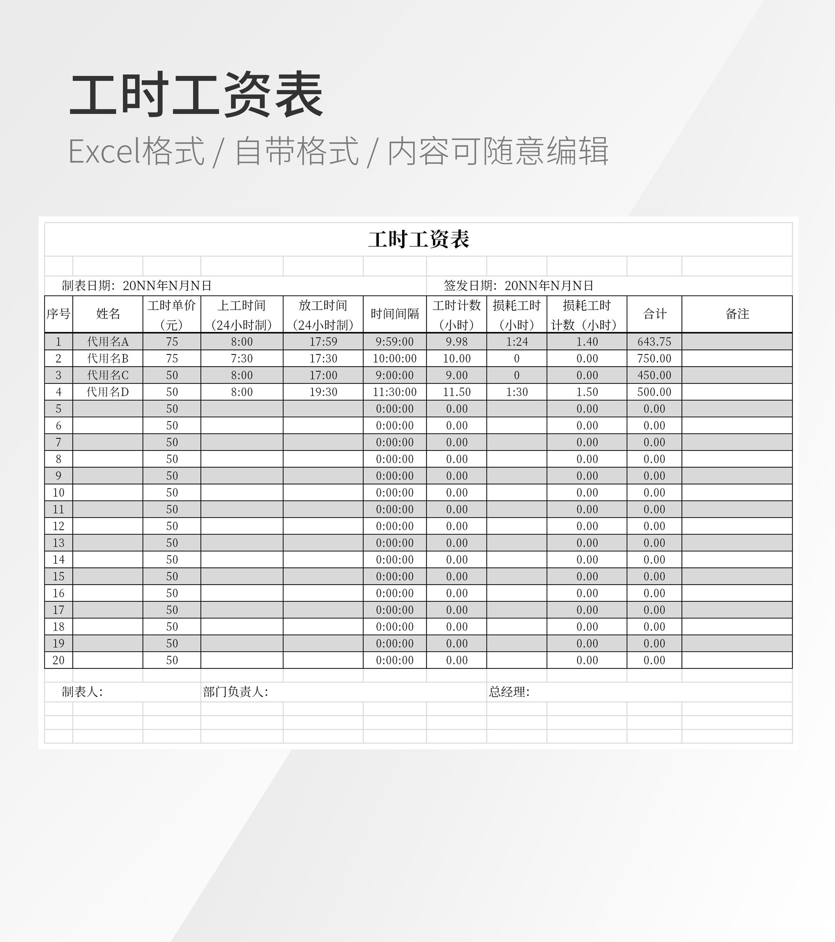 工时工资表模板