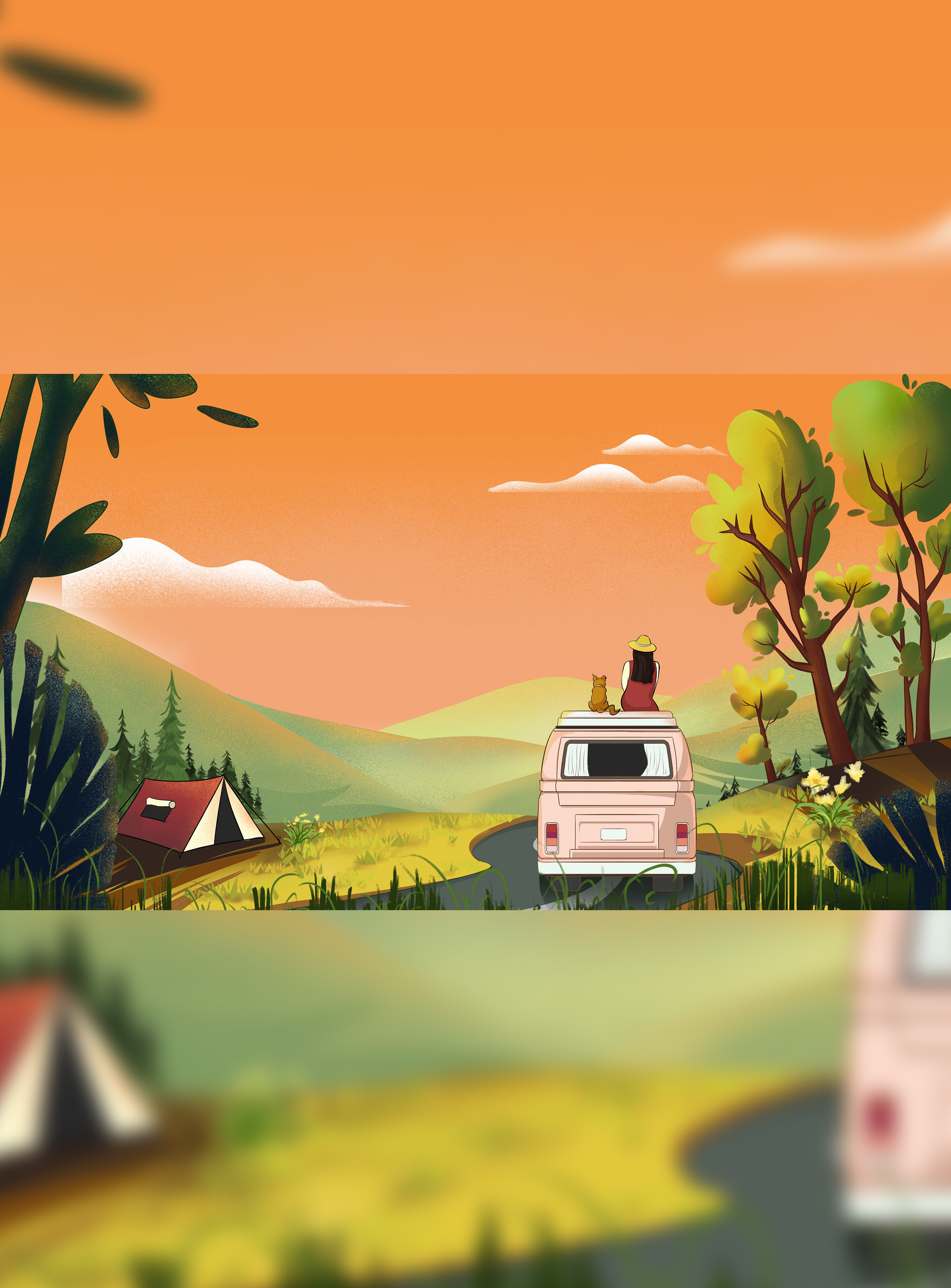 橙色唯美五一春游插画