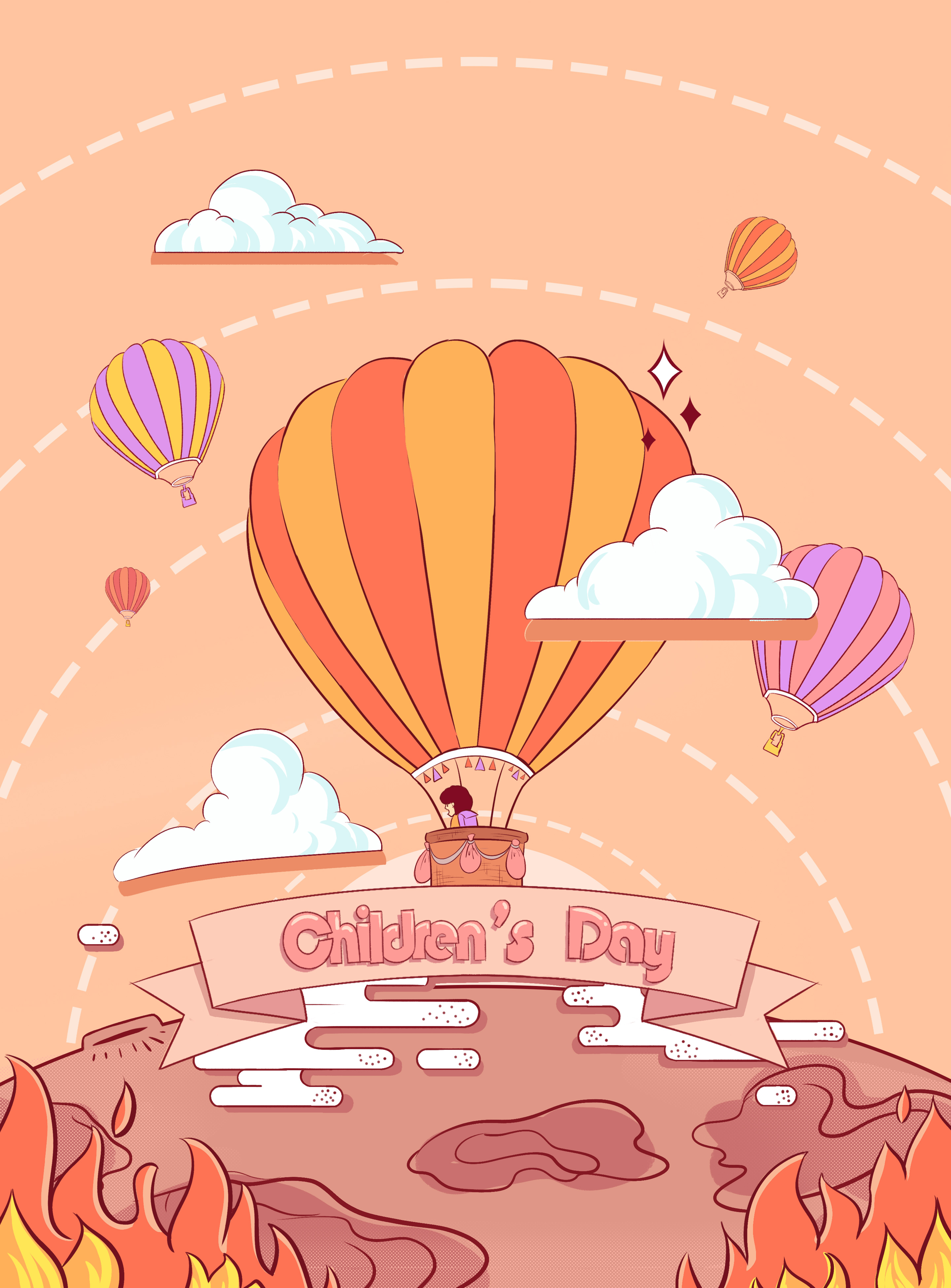 黄色卡通儿童节热气球插画