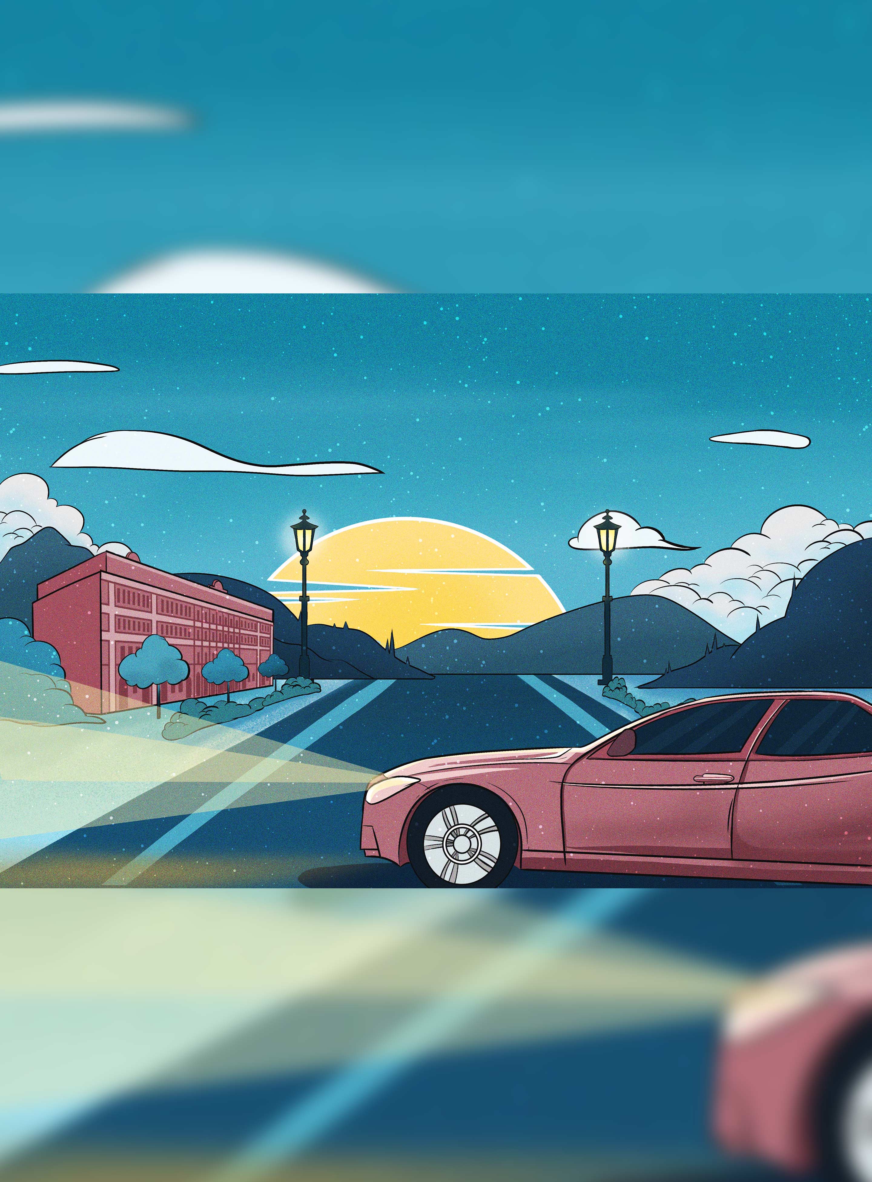 卡通蓝色日落插画