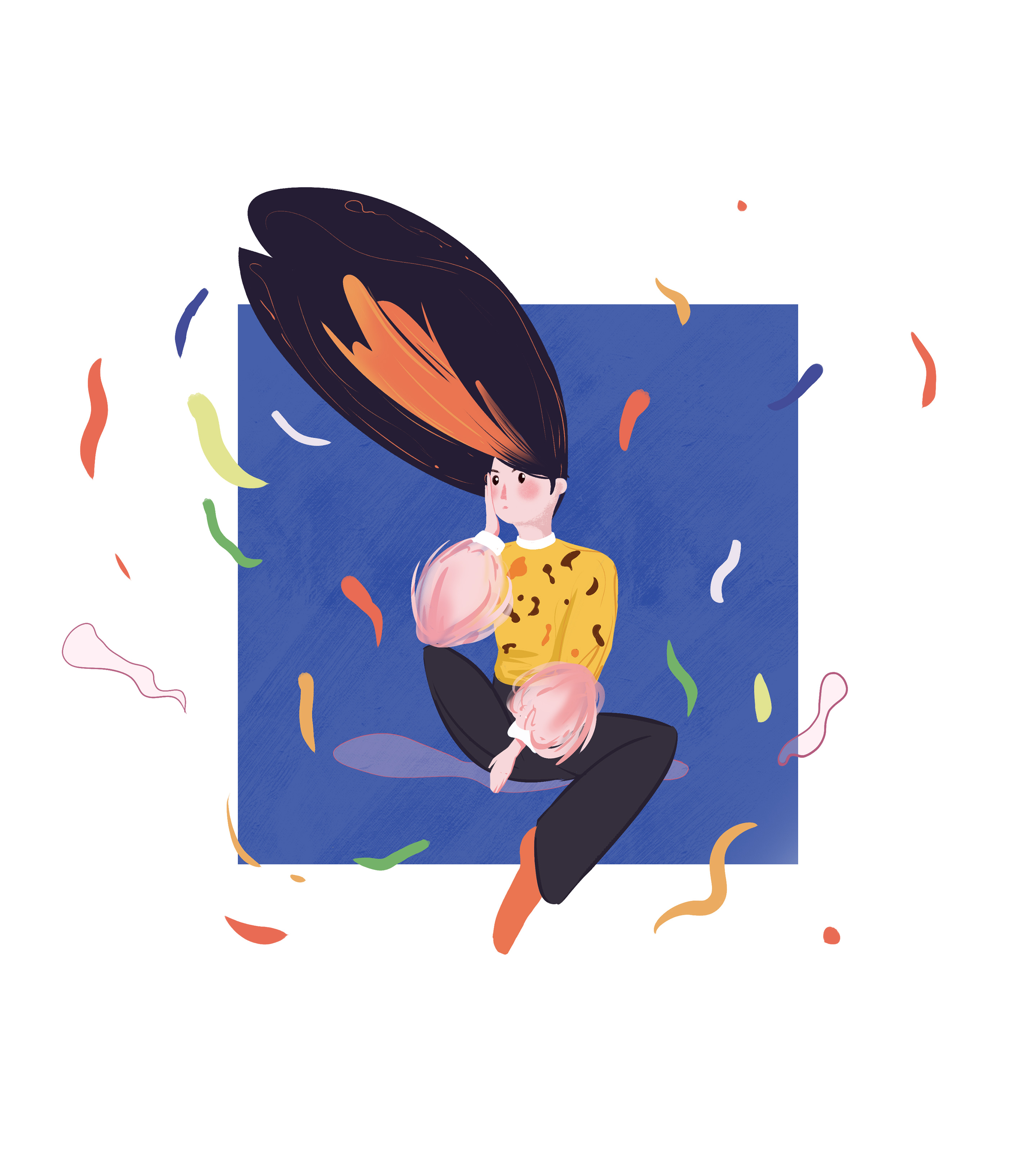 卡通蓝色坐着的女孩元素