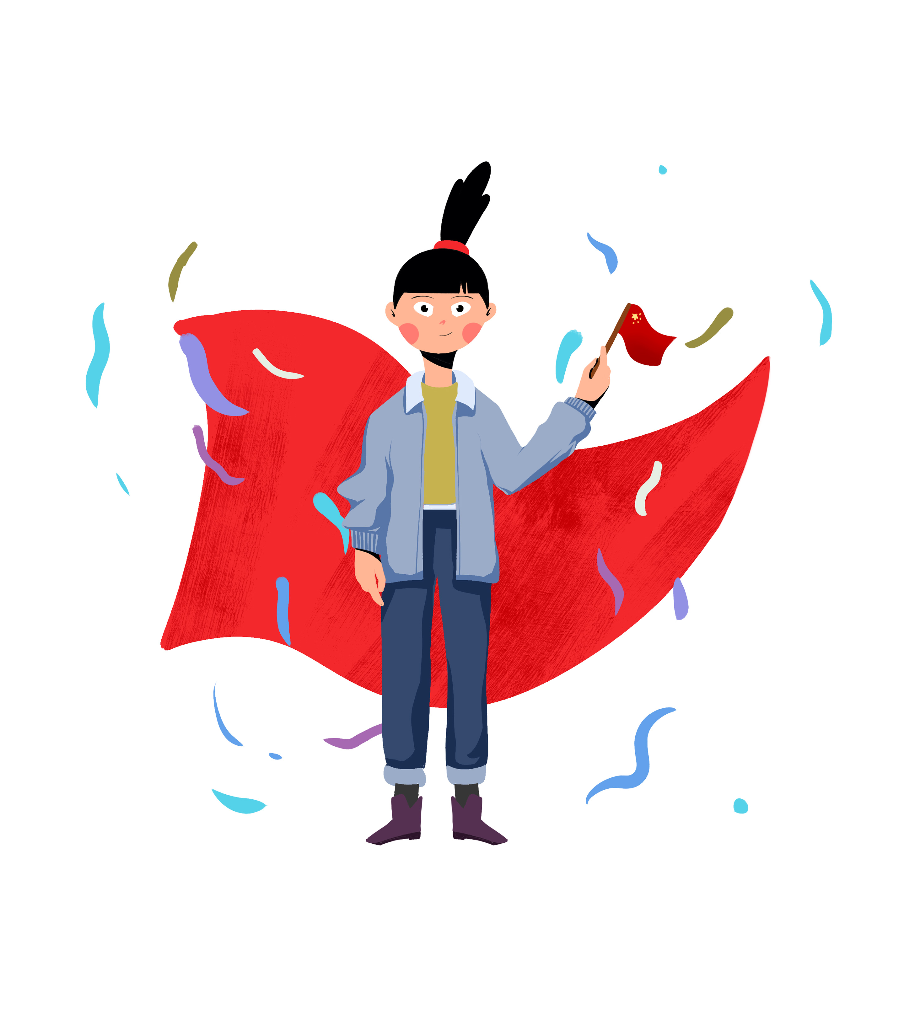 卡通红色红旗女孩手绘元素