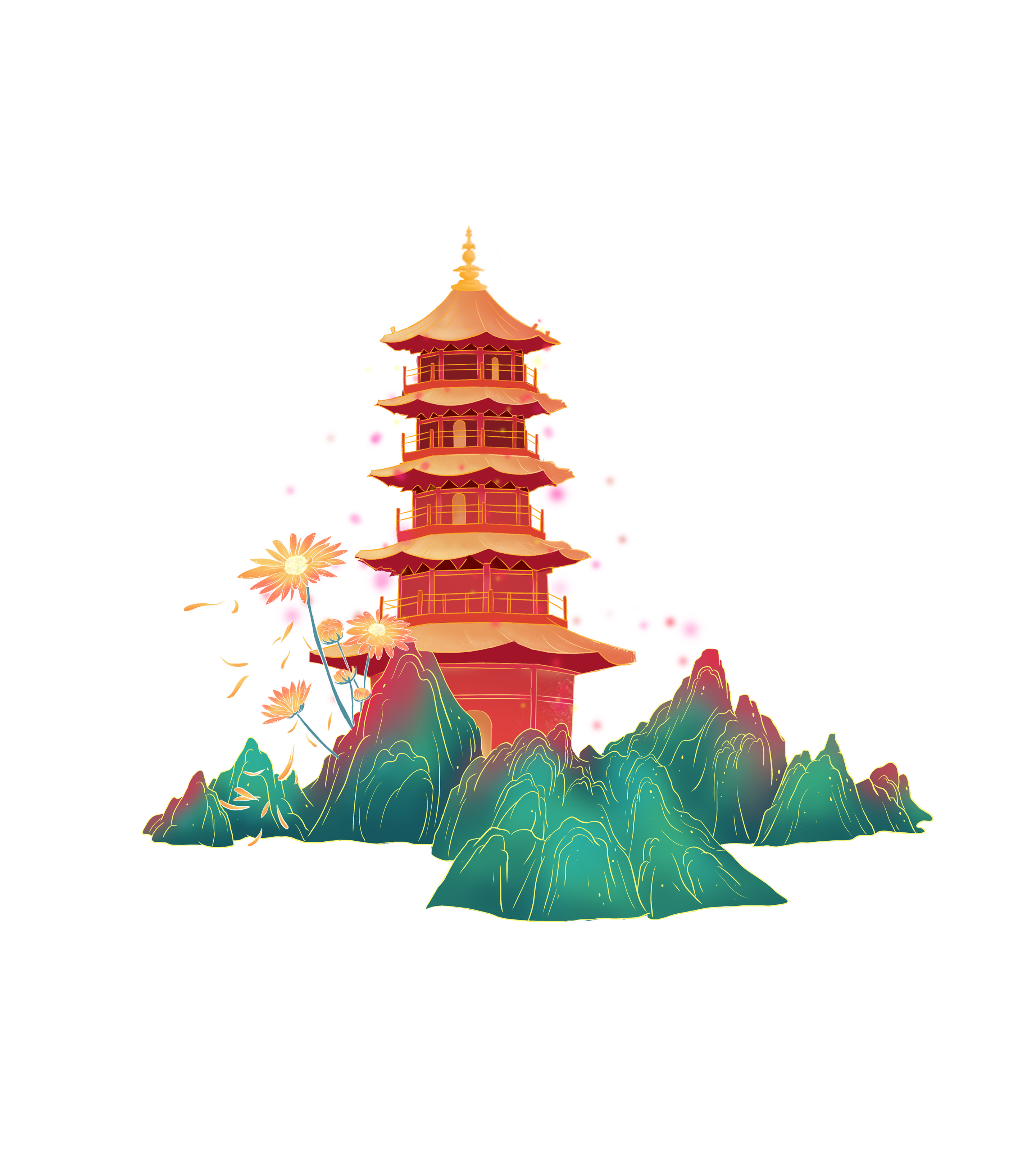 卡通红色高塔手绘元素