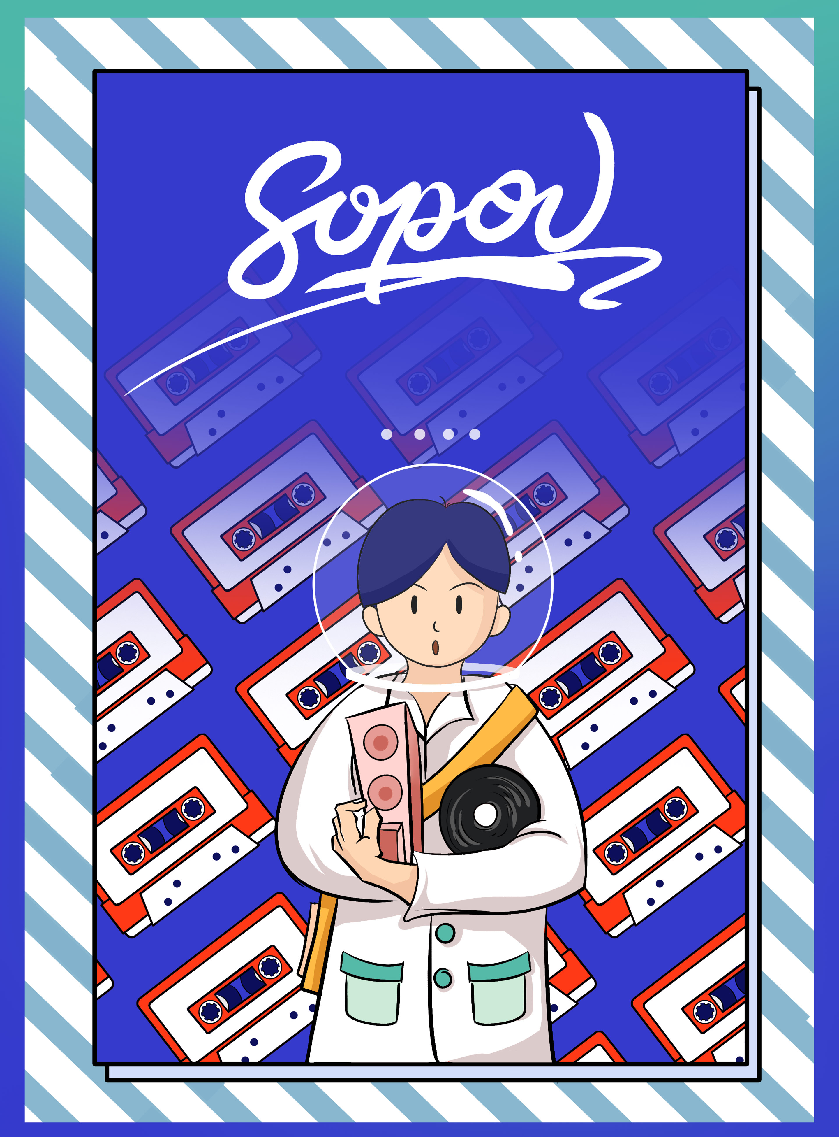 卡通扁平蓝色磁带插画