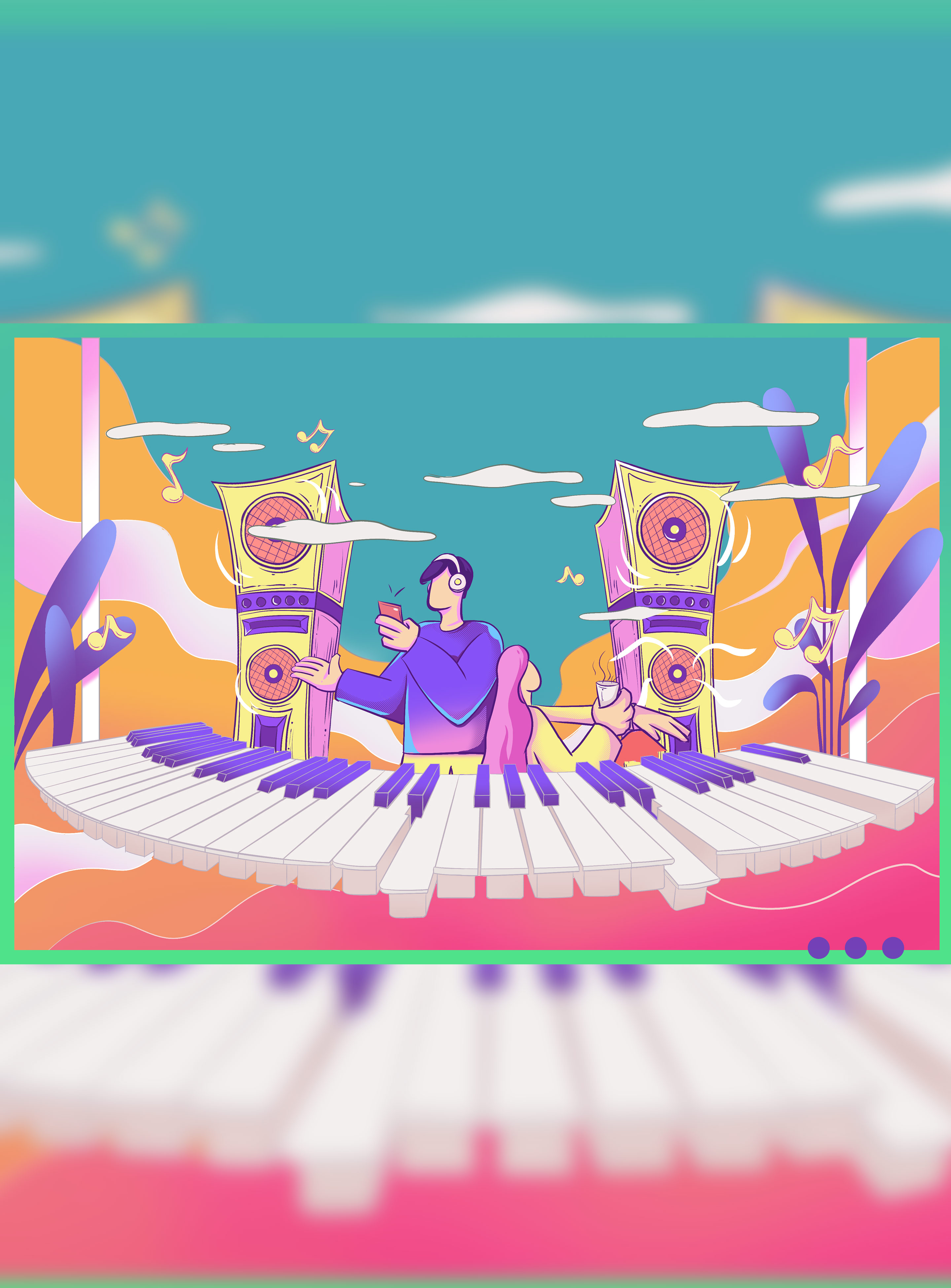 卡通绿色钢琴音箱人物插画