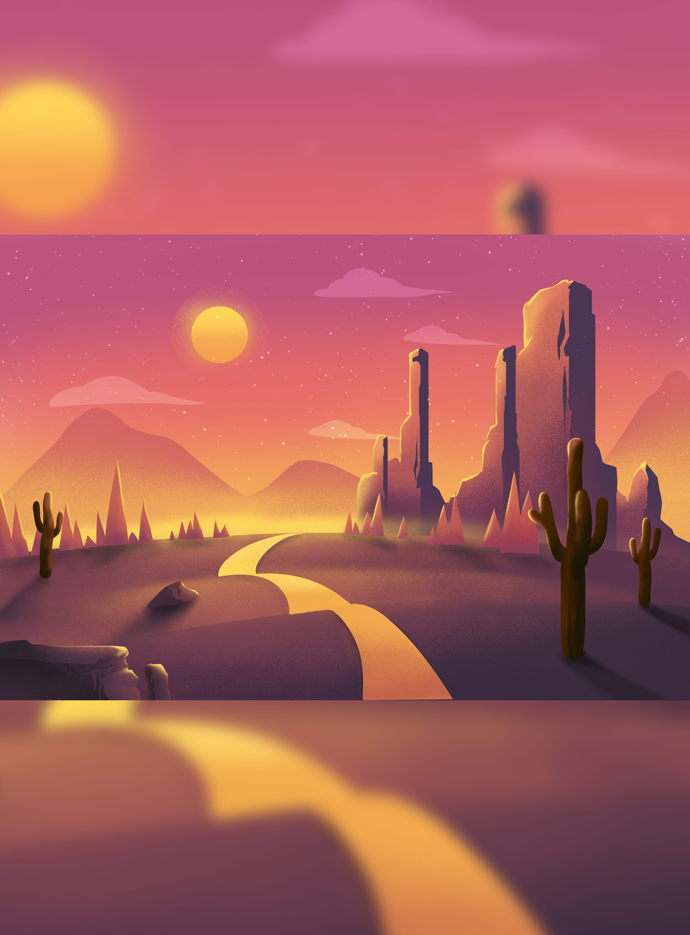 卡通日落沙漠仙人掌插画