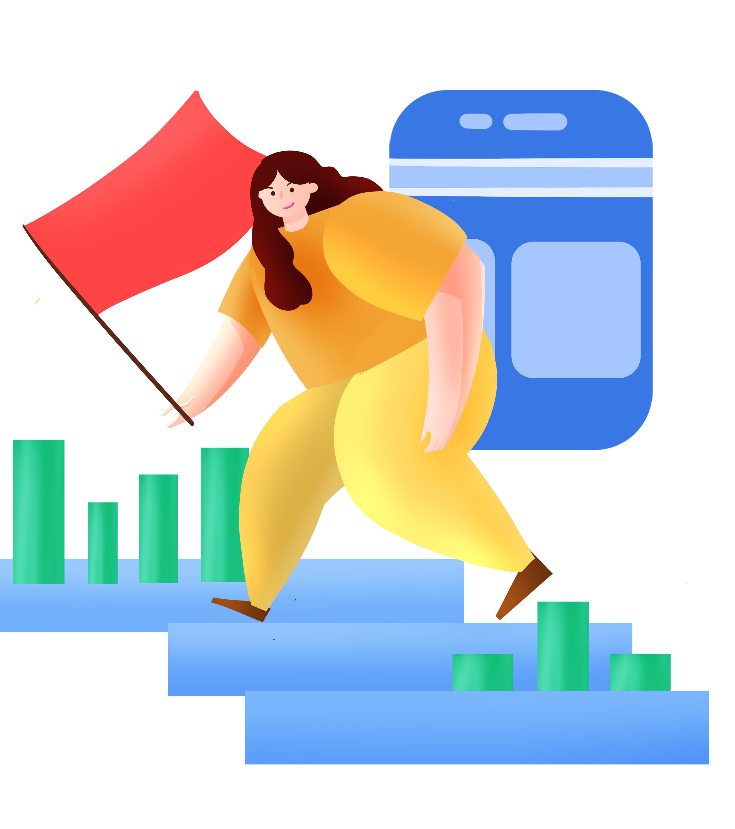 卡通蓝色女孩红旗月总结元素