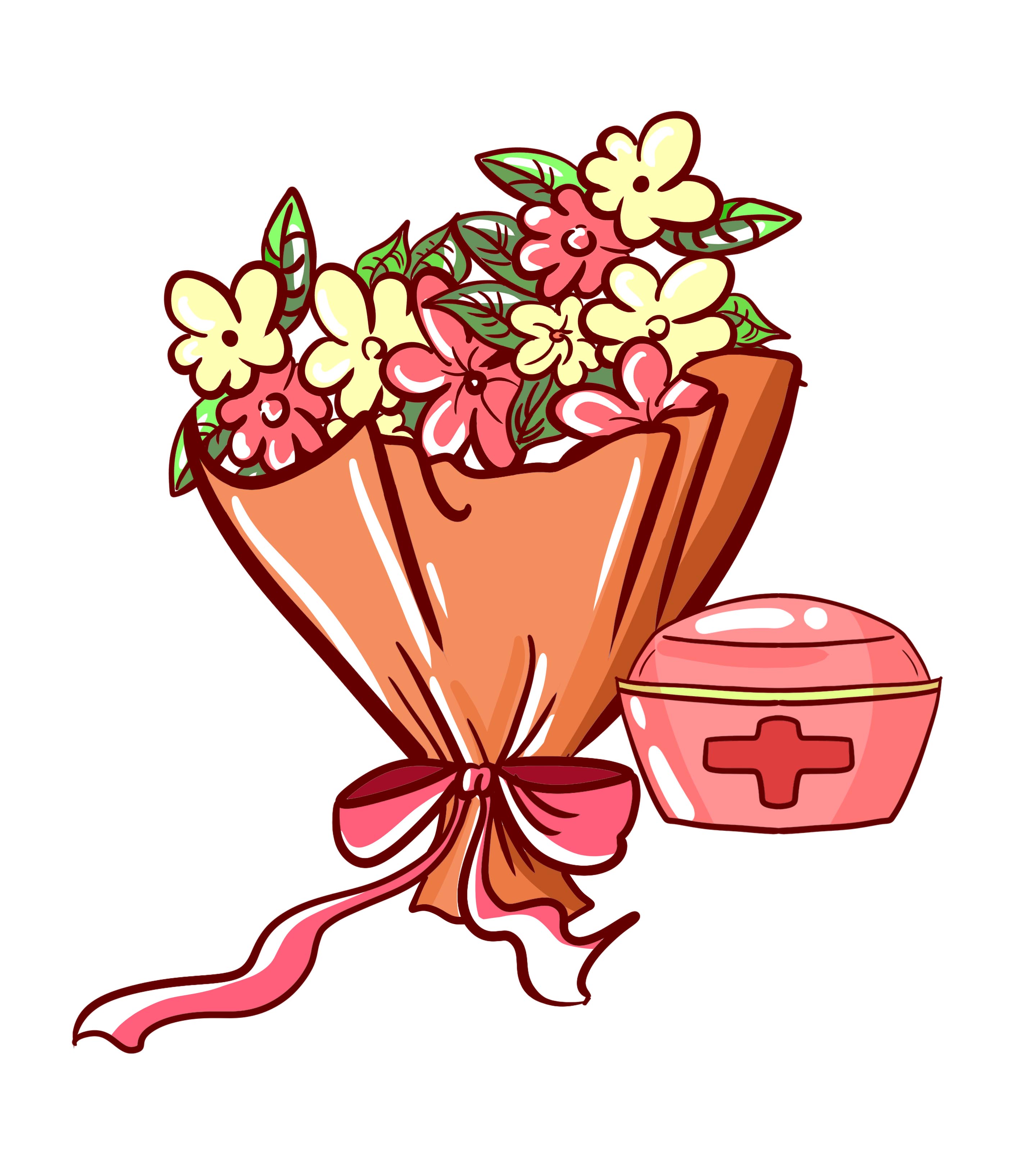卡通粉色手捧花医疗箱元素