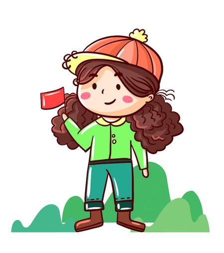 卡通绿色女孩春游元素