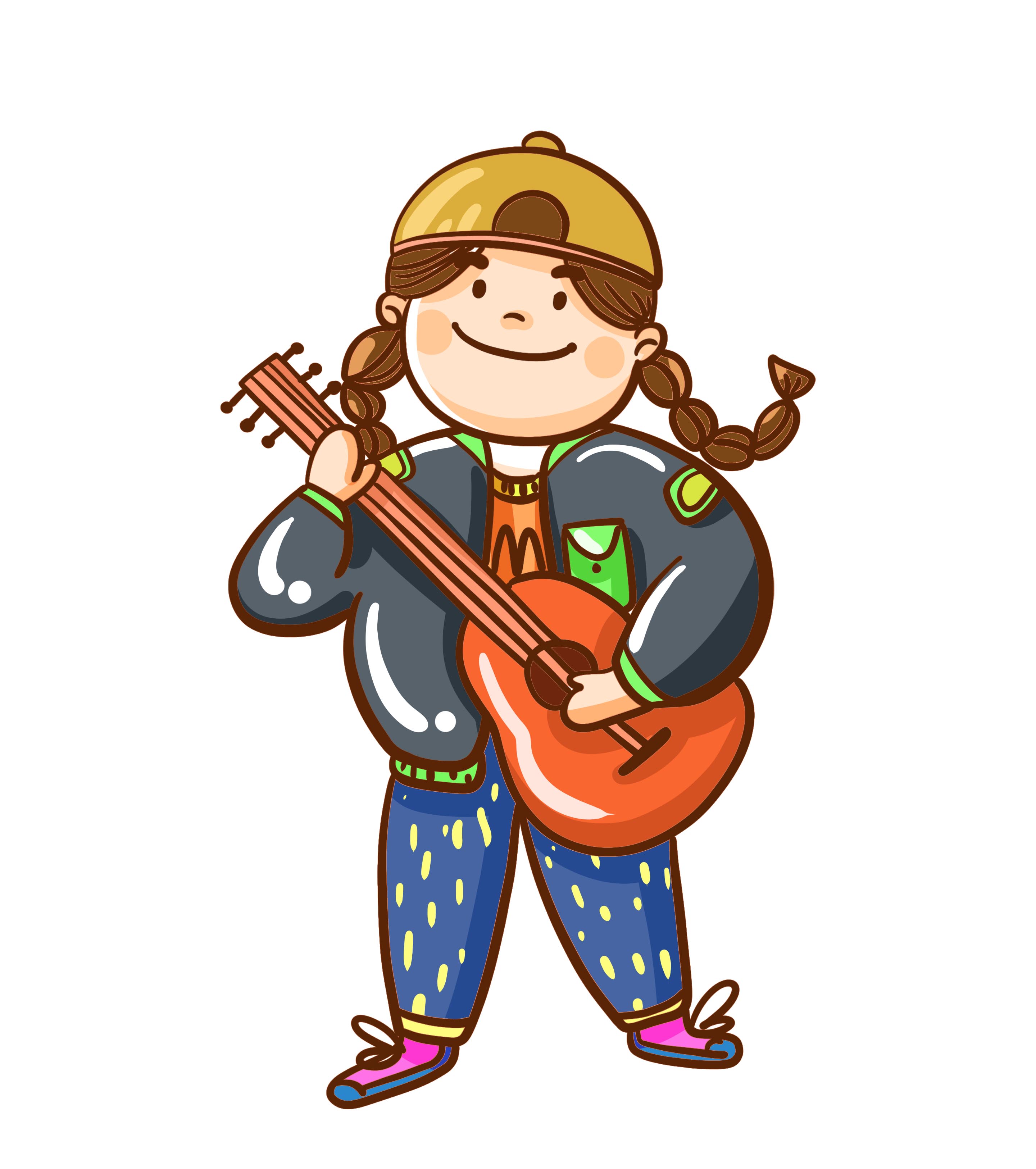 卡通戴帽子的小女孩吉他元素
