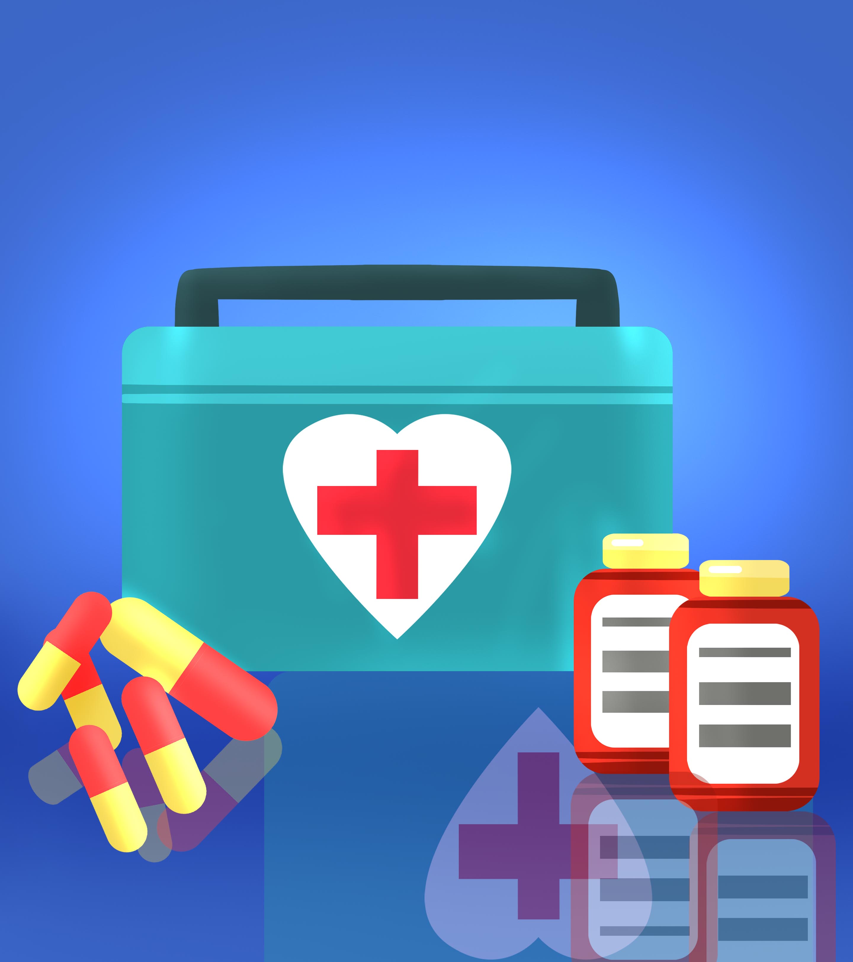 卡通蓝色医疗箱药品红十字元素