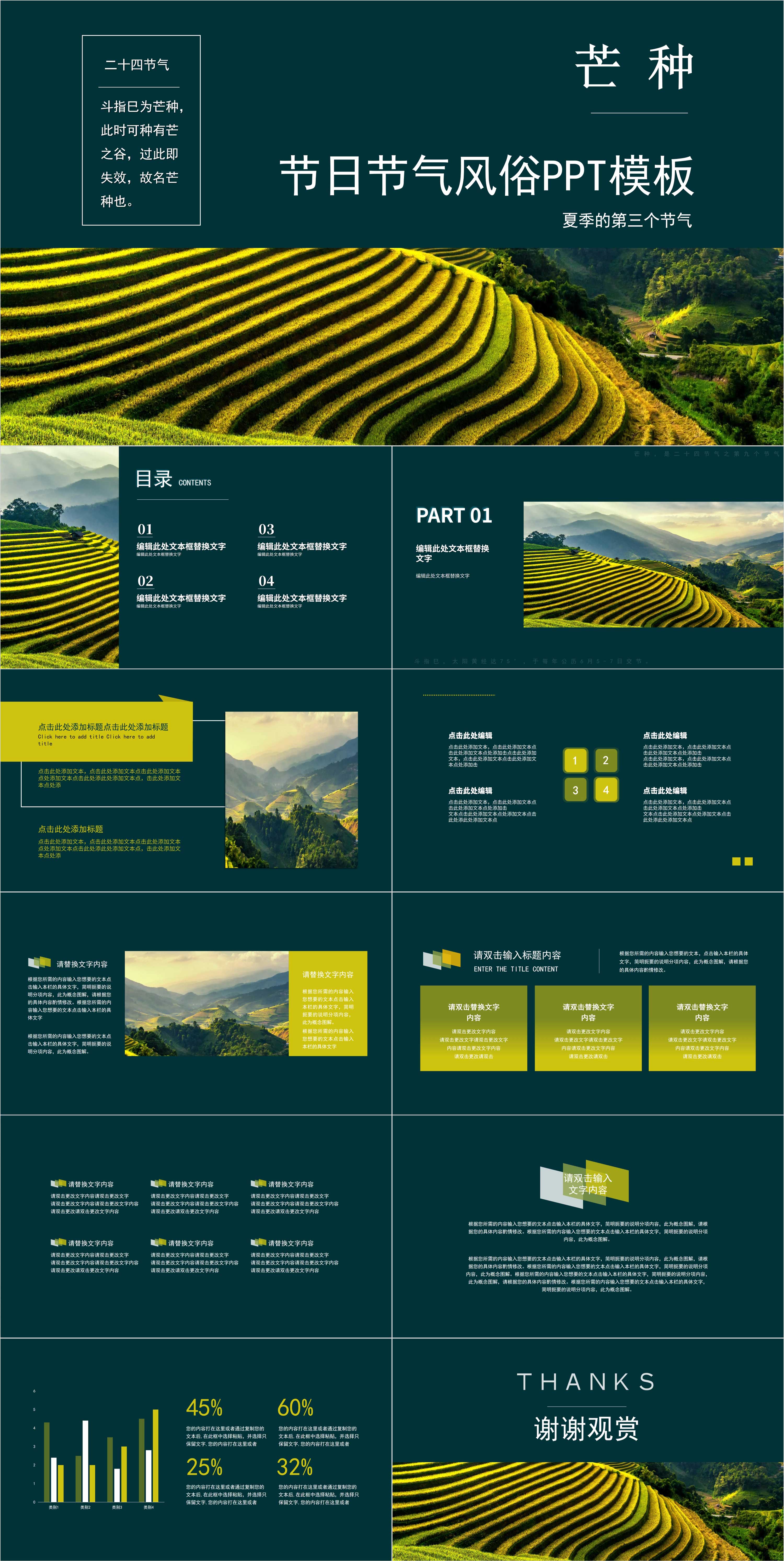 墨绿色简约节日节气芒种PPT模板