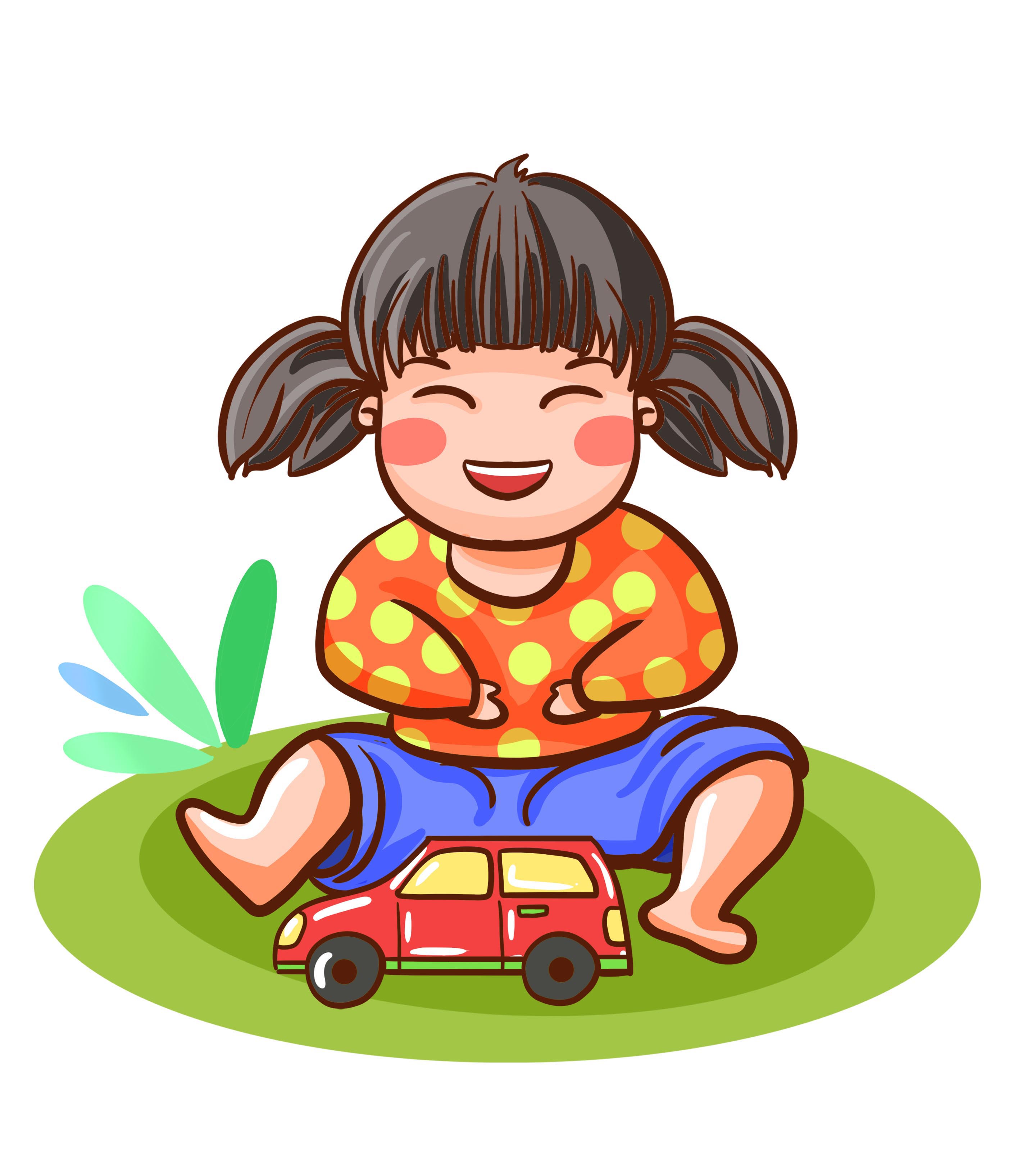 卡通女孩小汽车元素