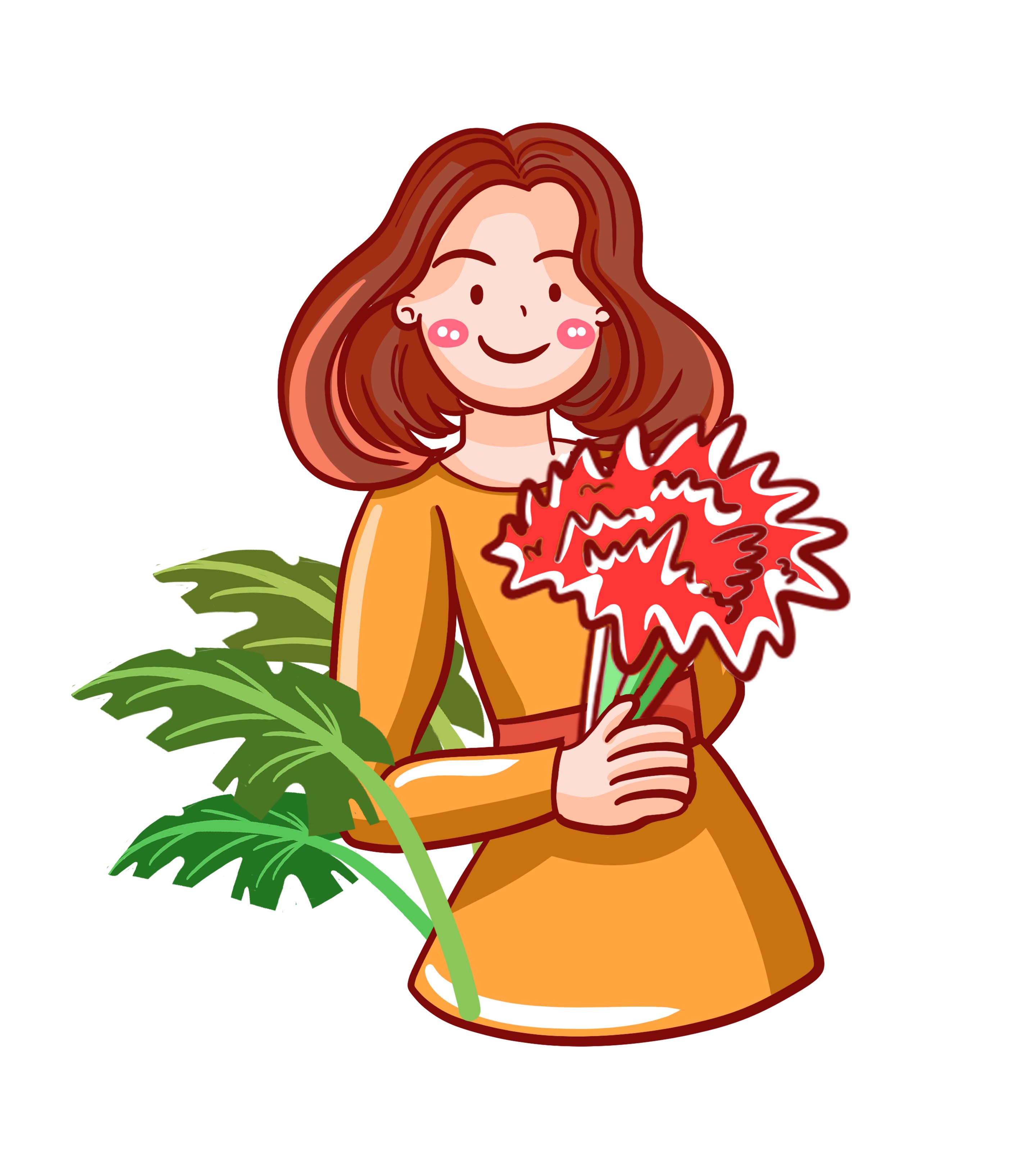卡通黄色手拿鲜花女人元素