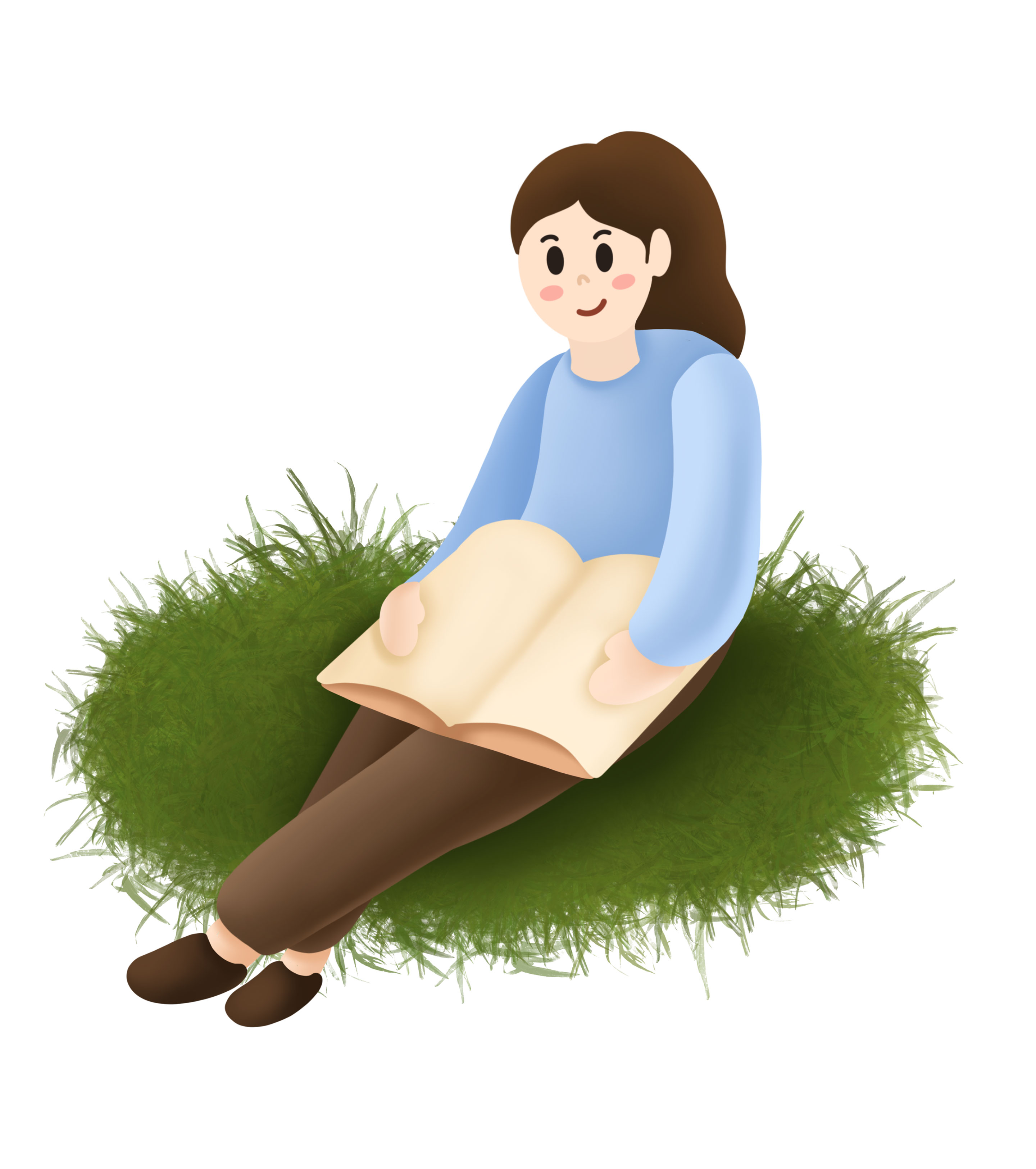 卡通草地看书女孩元素