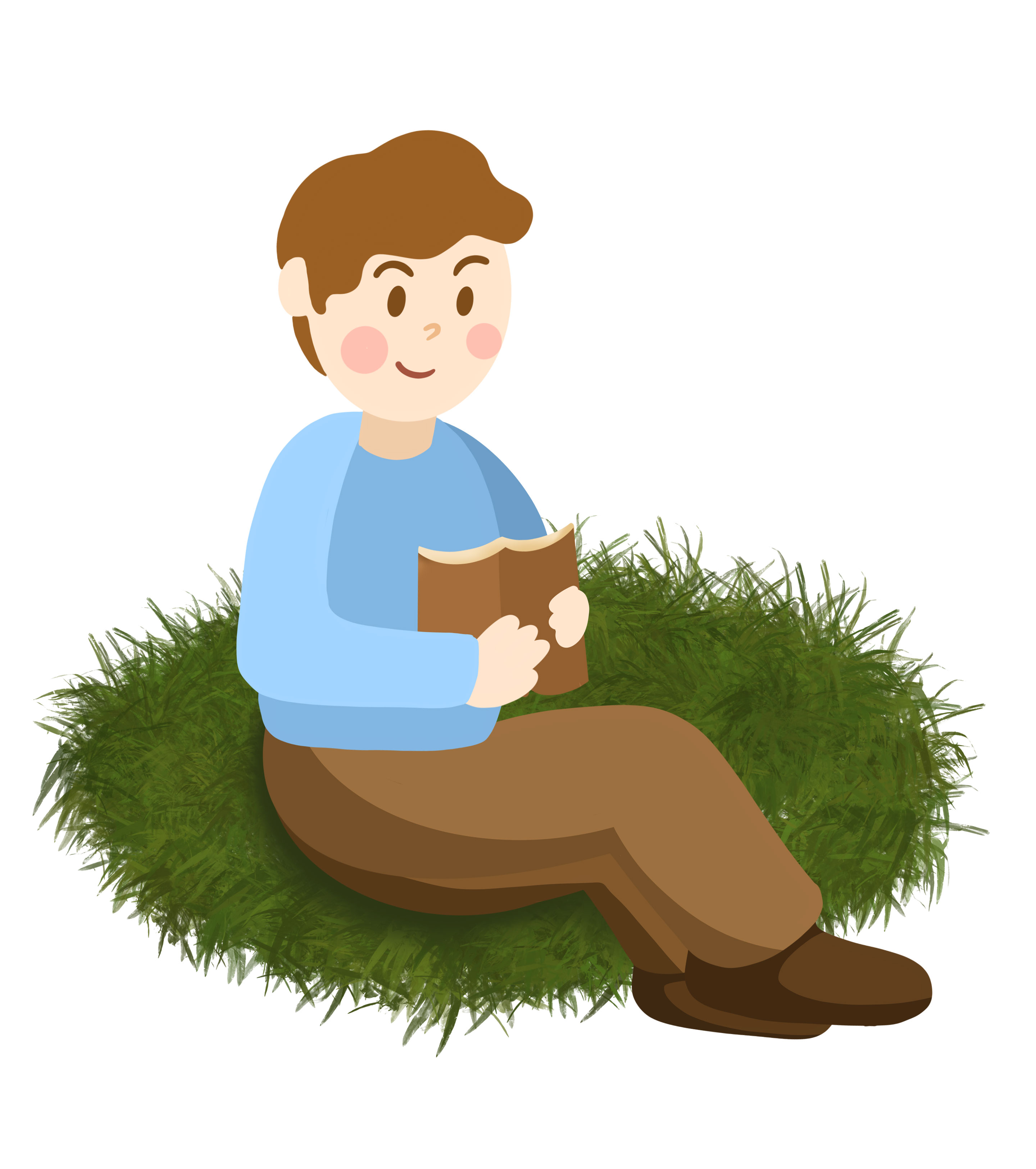 卡通草地看书男孩元素