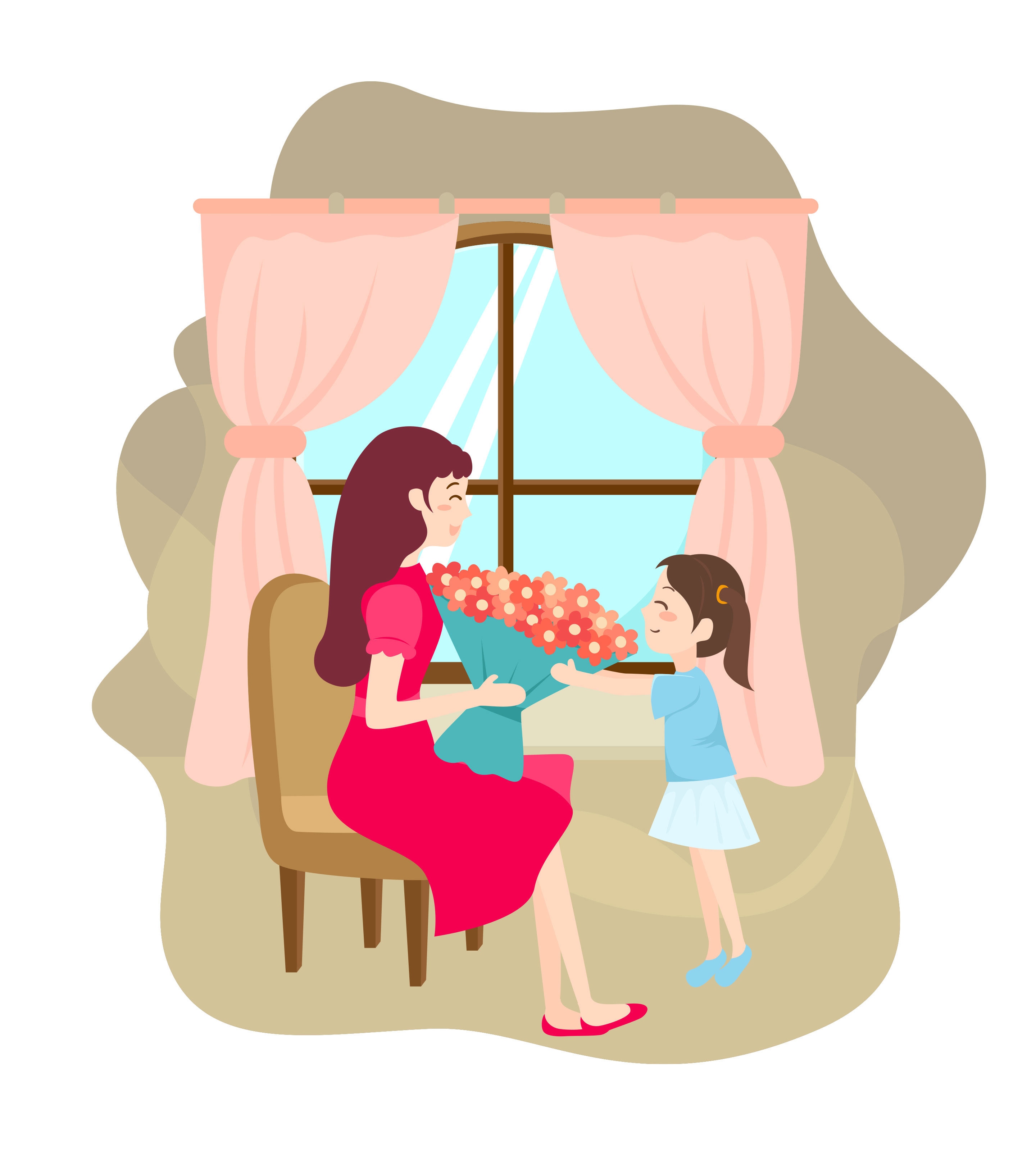 卡通母亲节女儿送花元素