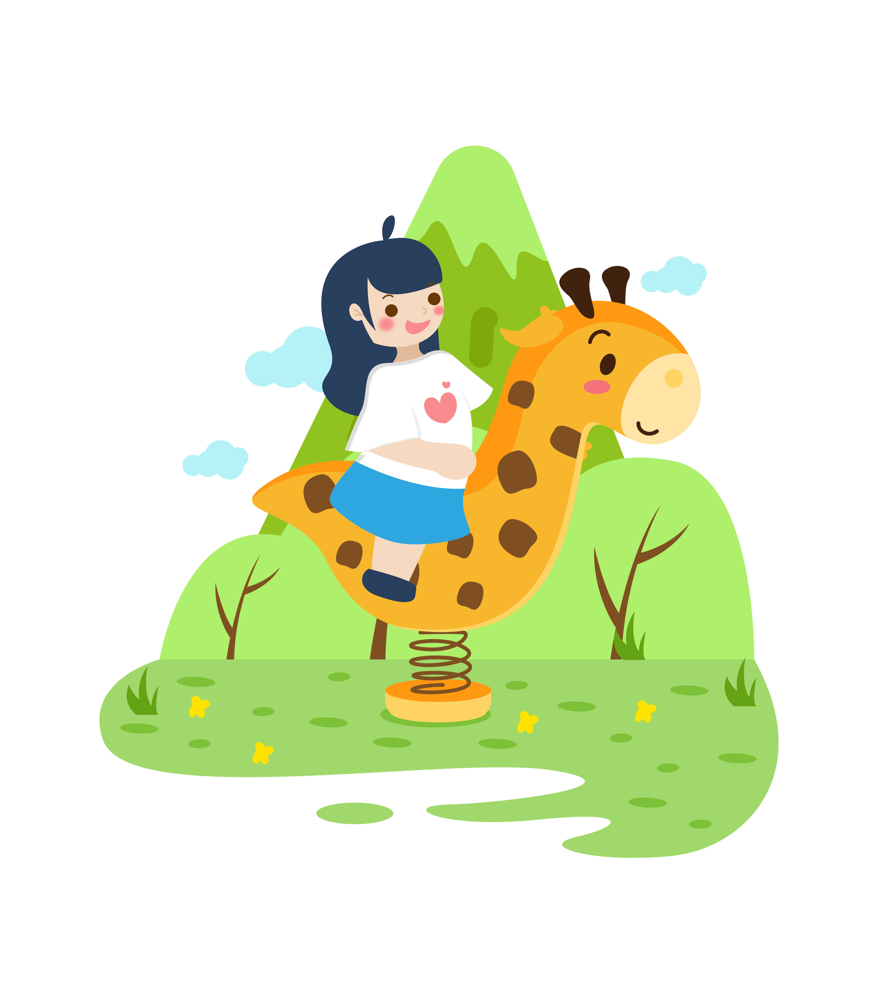 卡通小女孩儿童节骑长颈鹿元素