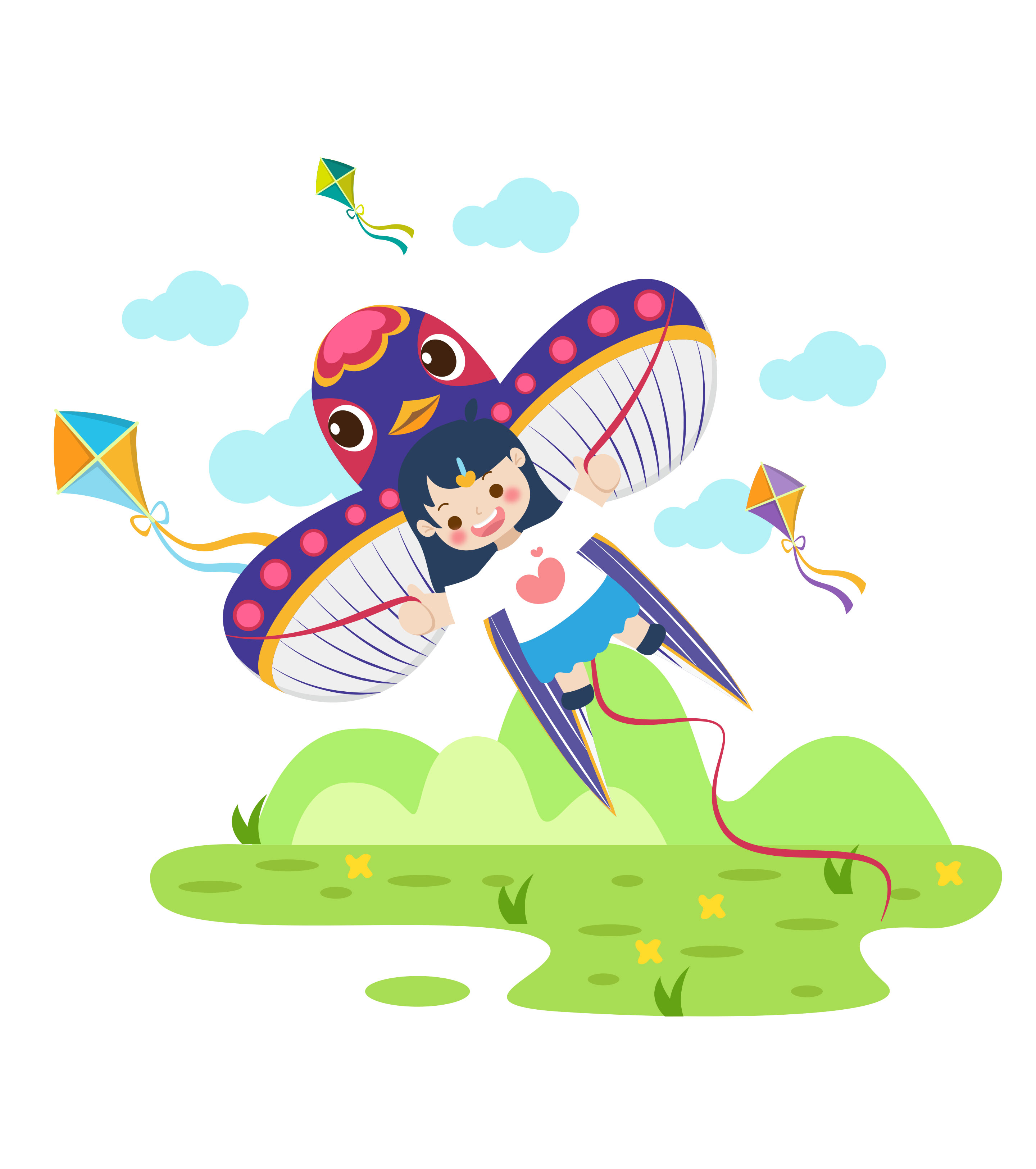 卡通女孩儿童节放风筝元素