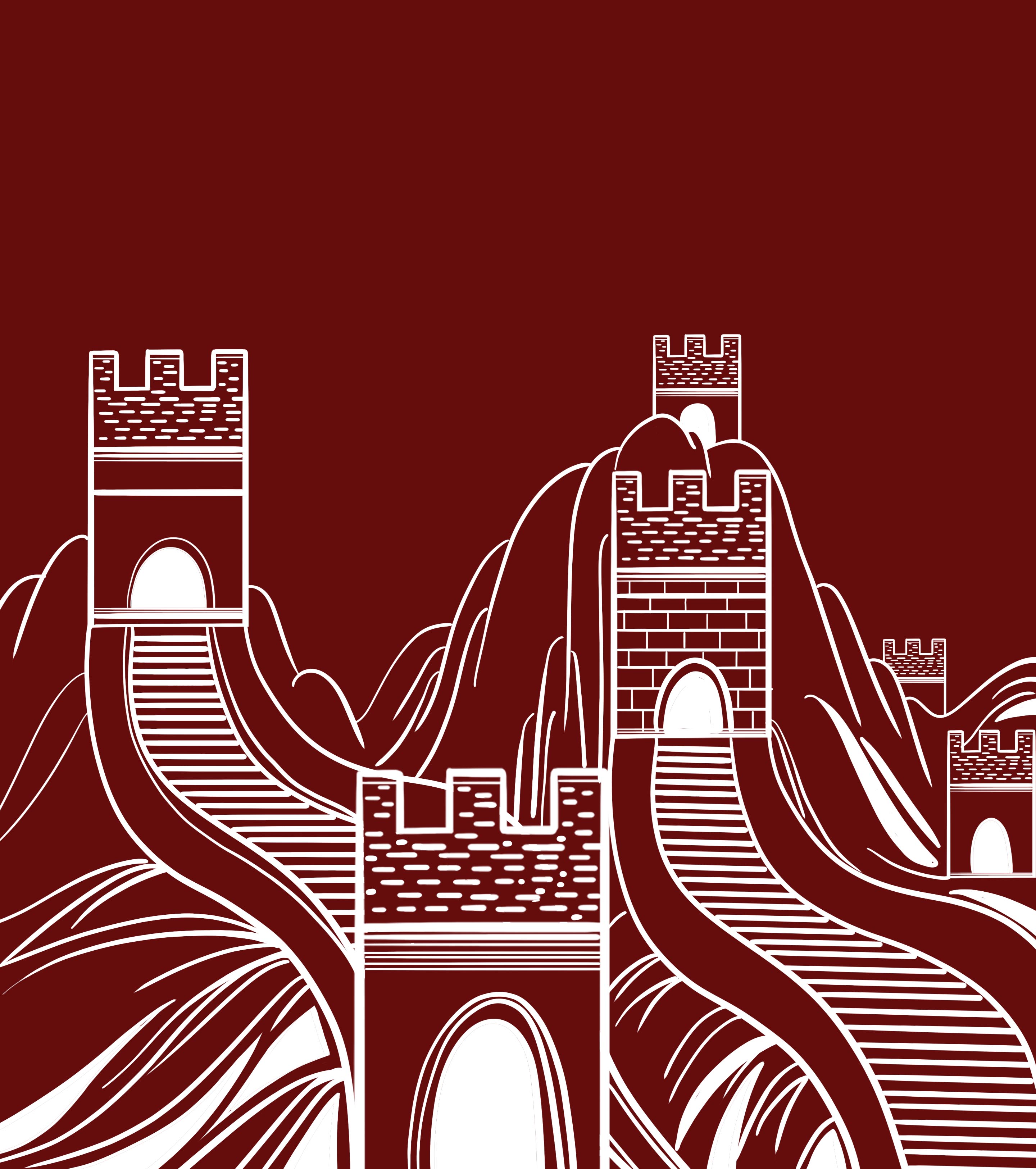 红色简约长城简笔画