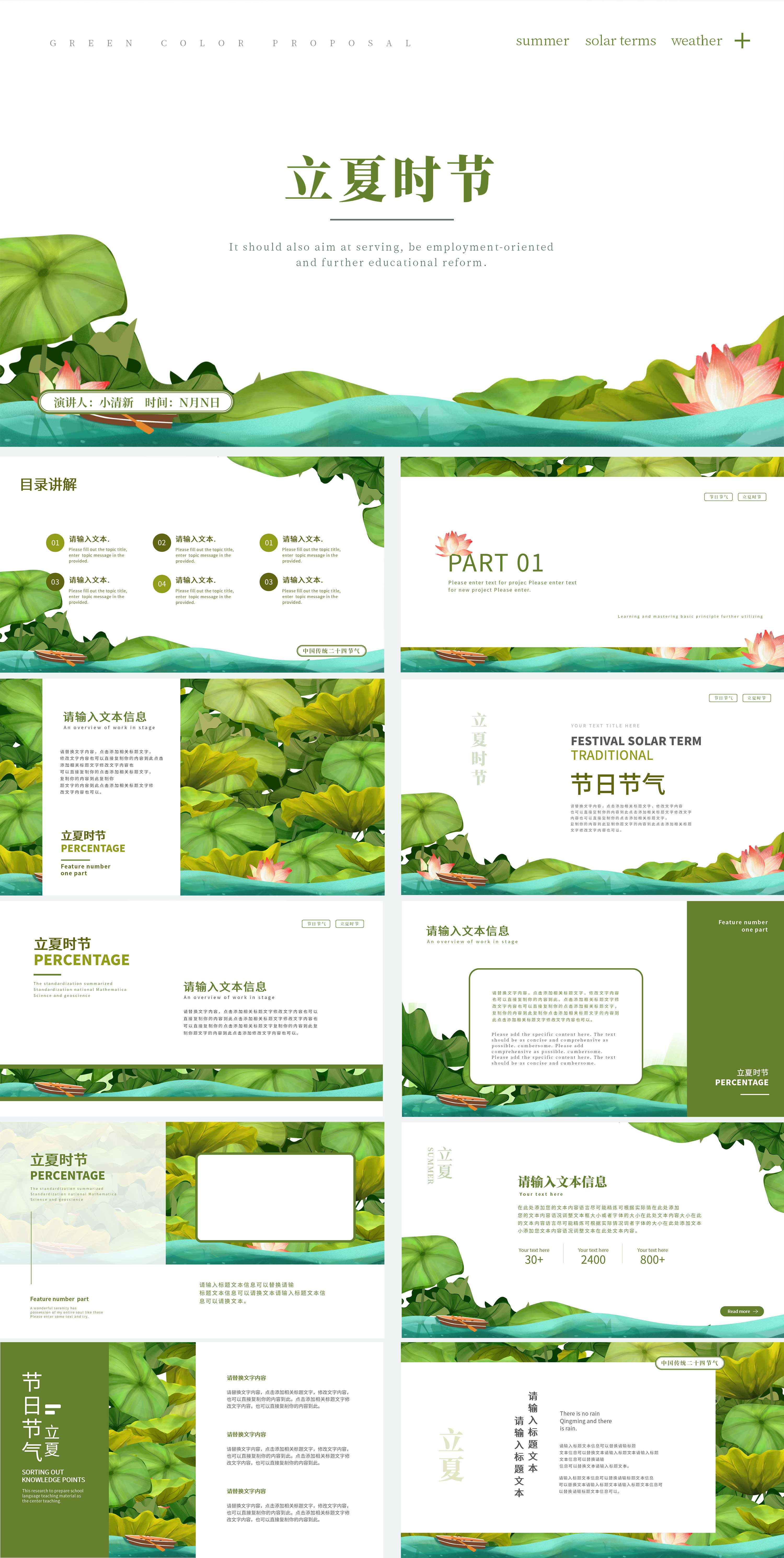 绿色清新水彩风立夏时节PPT模板