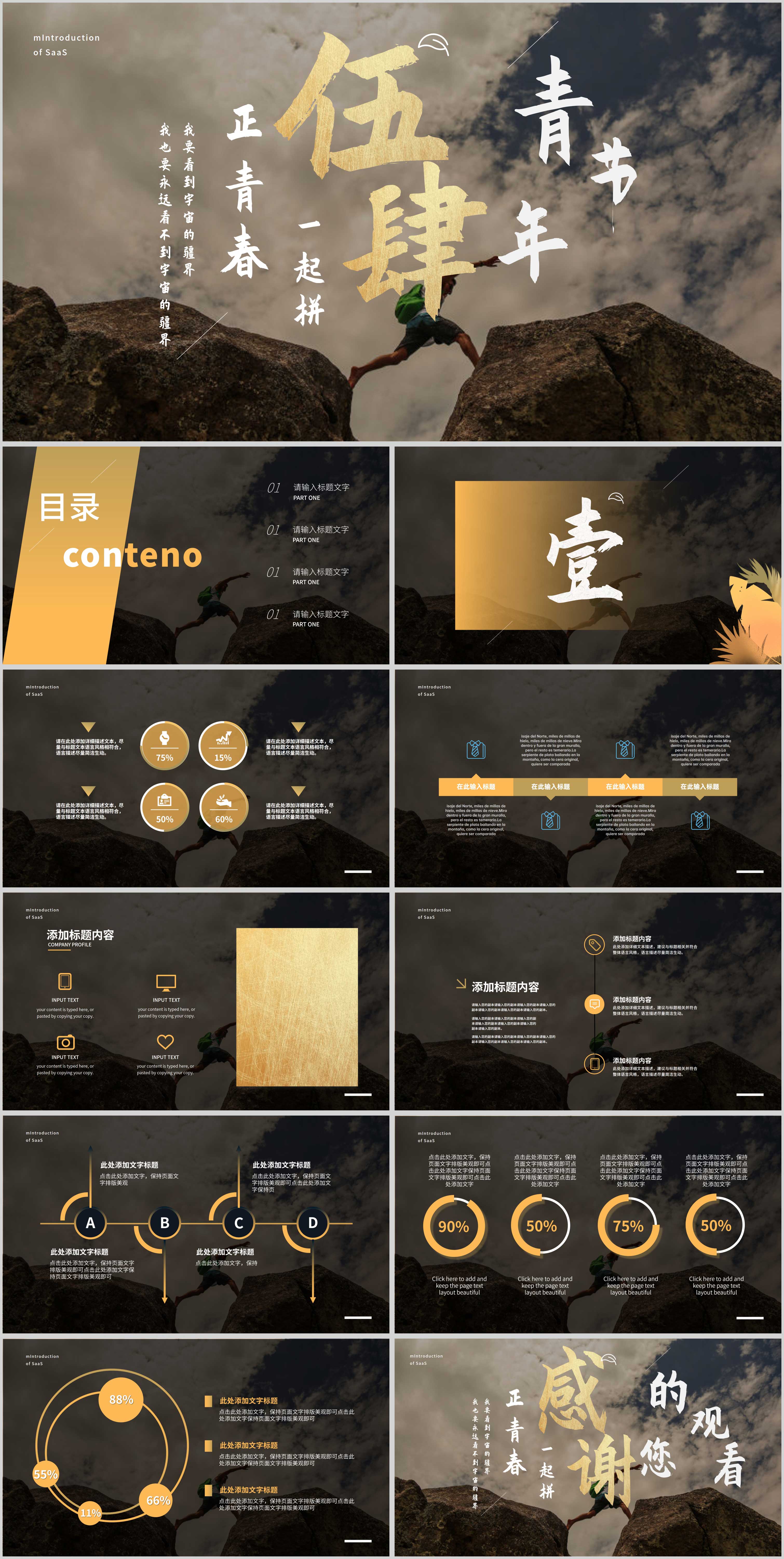 黑色简约风五四青年节PPT模板