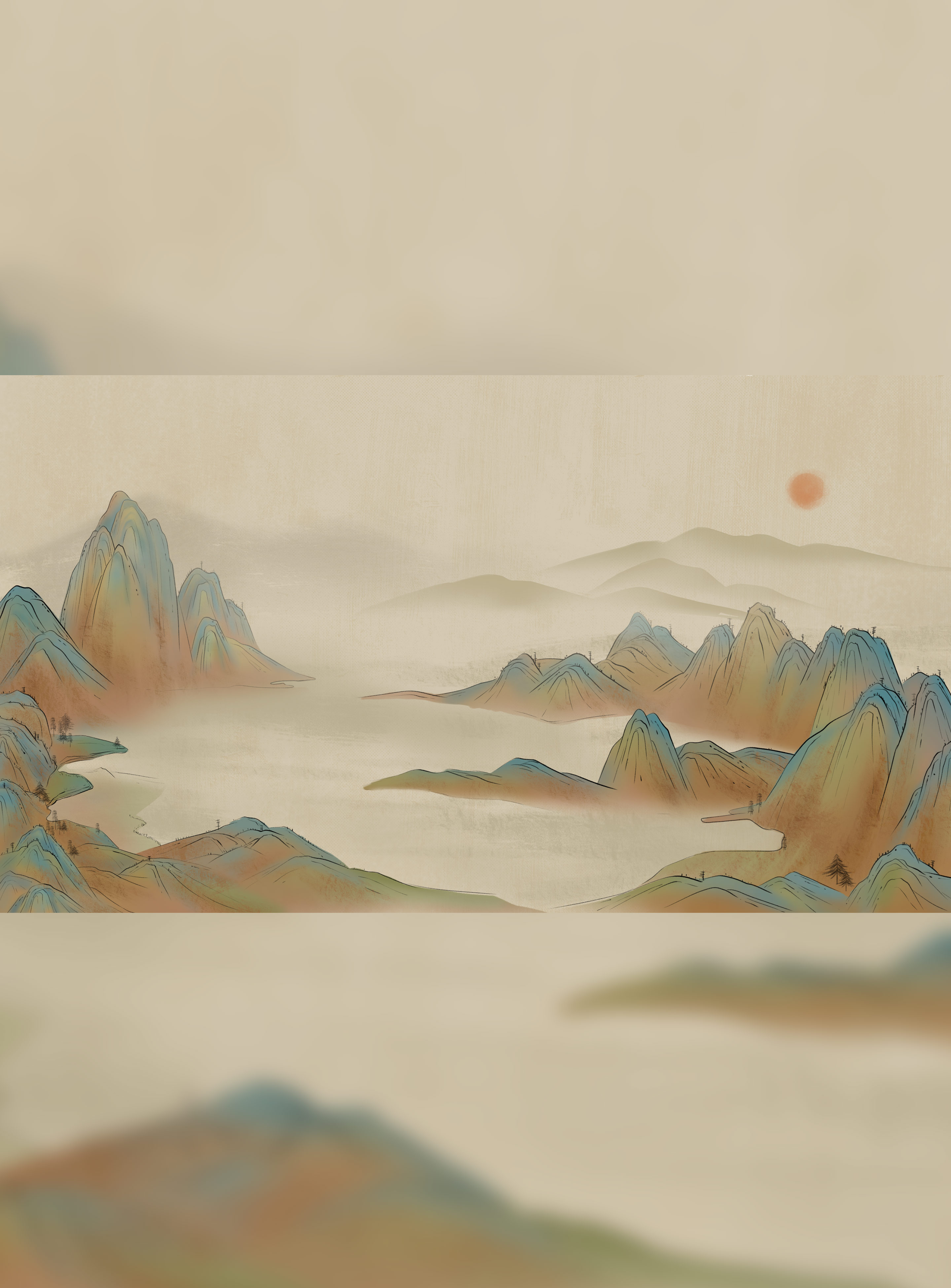 棕色做旧水墨山河风光