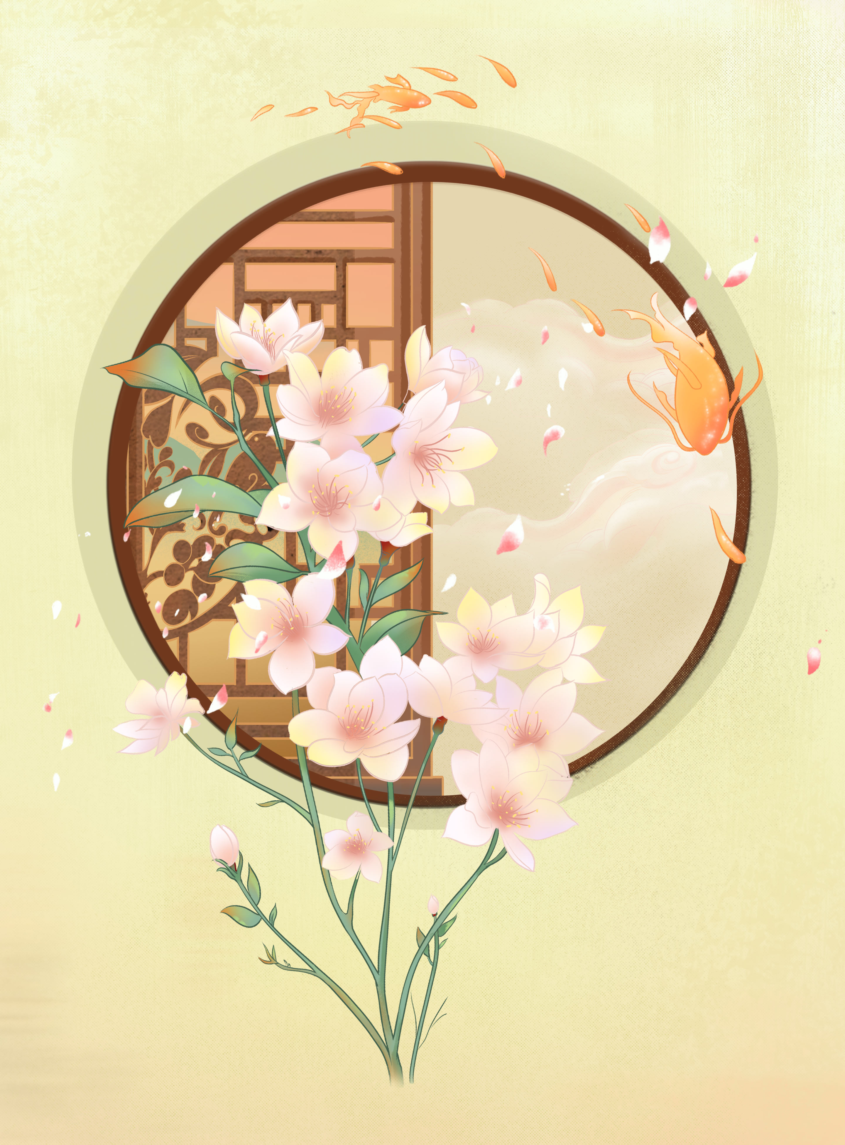 绿色复古门窗花朵风光