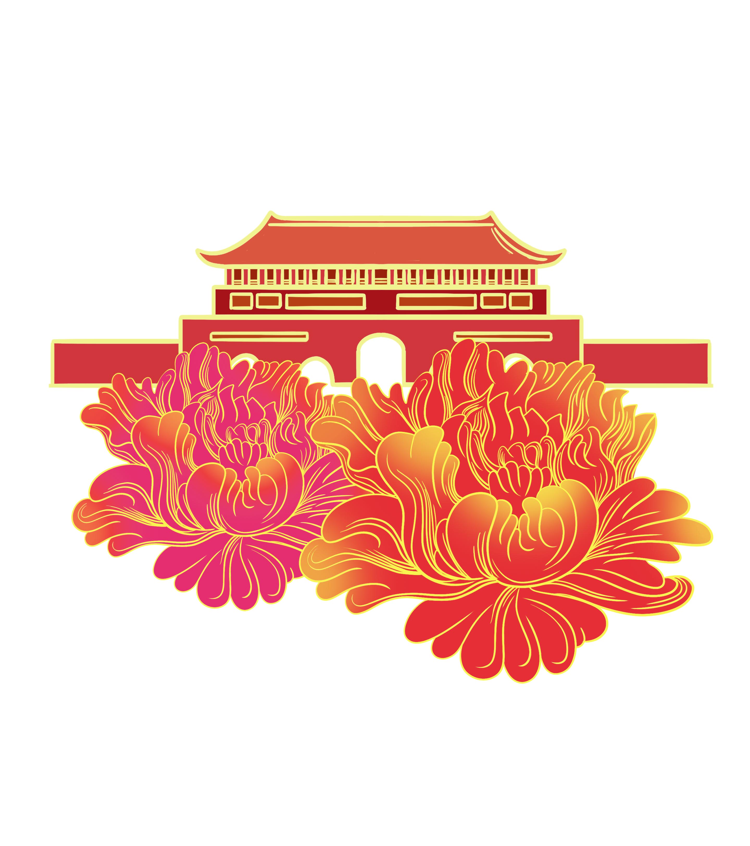 手绘红色花卉天安门党建元素