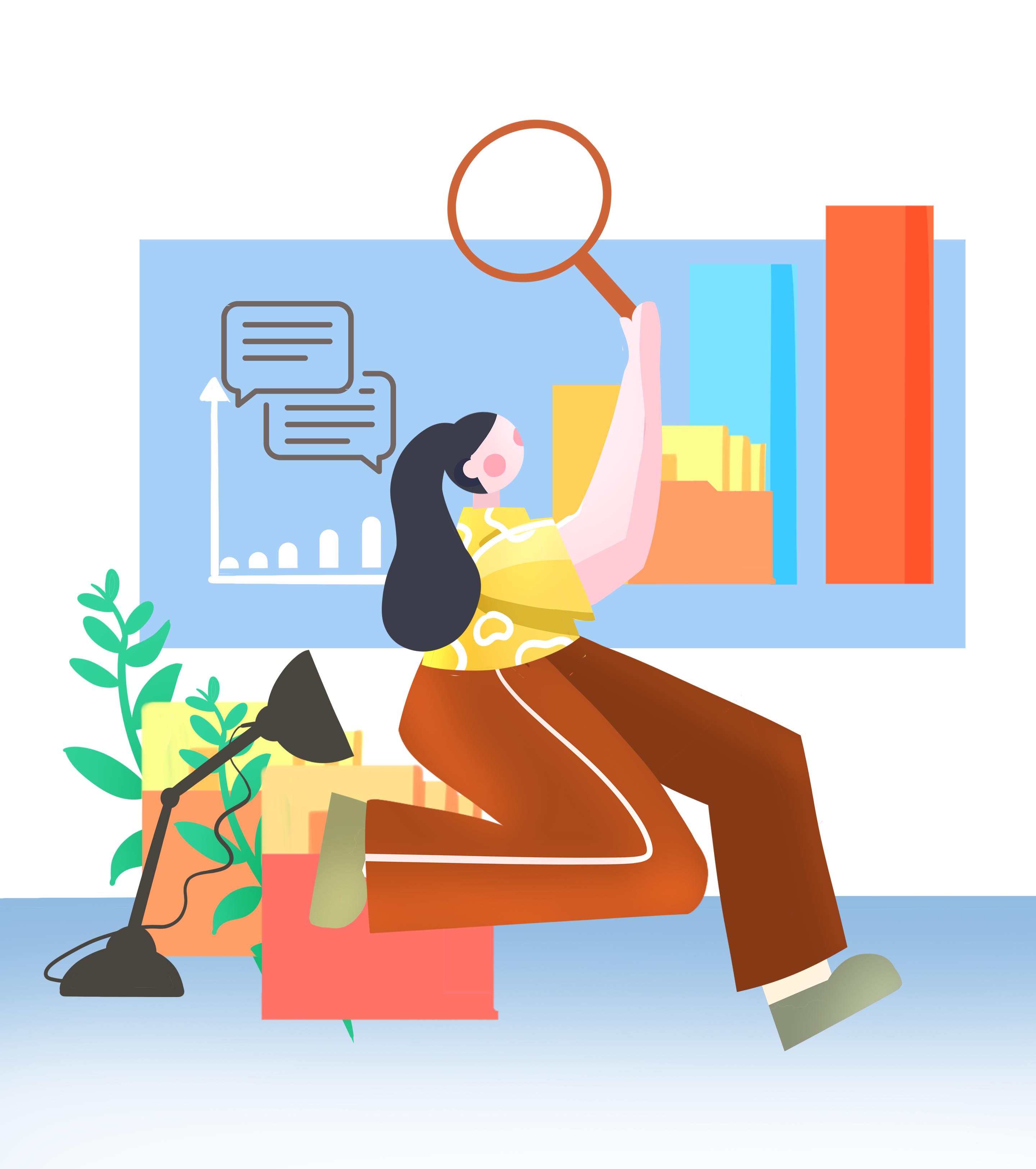 放大镜长发女孩数据元素