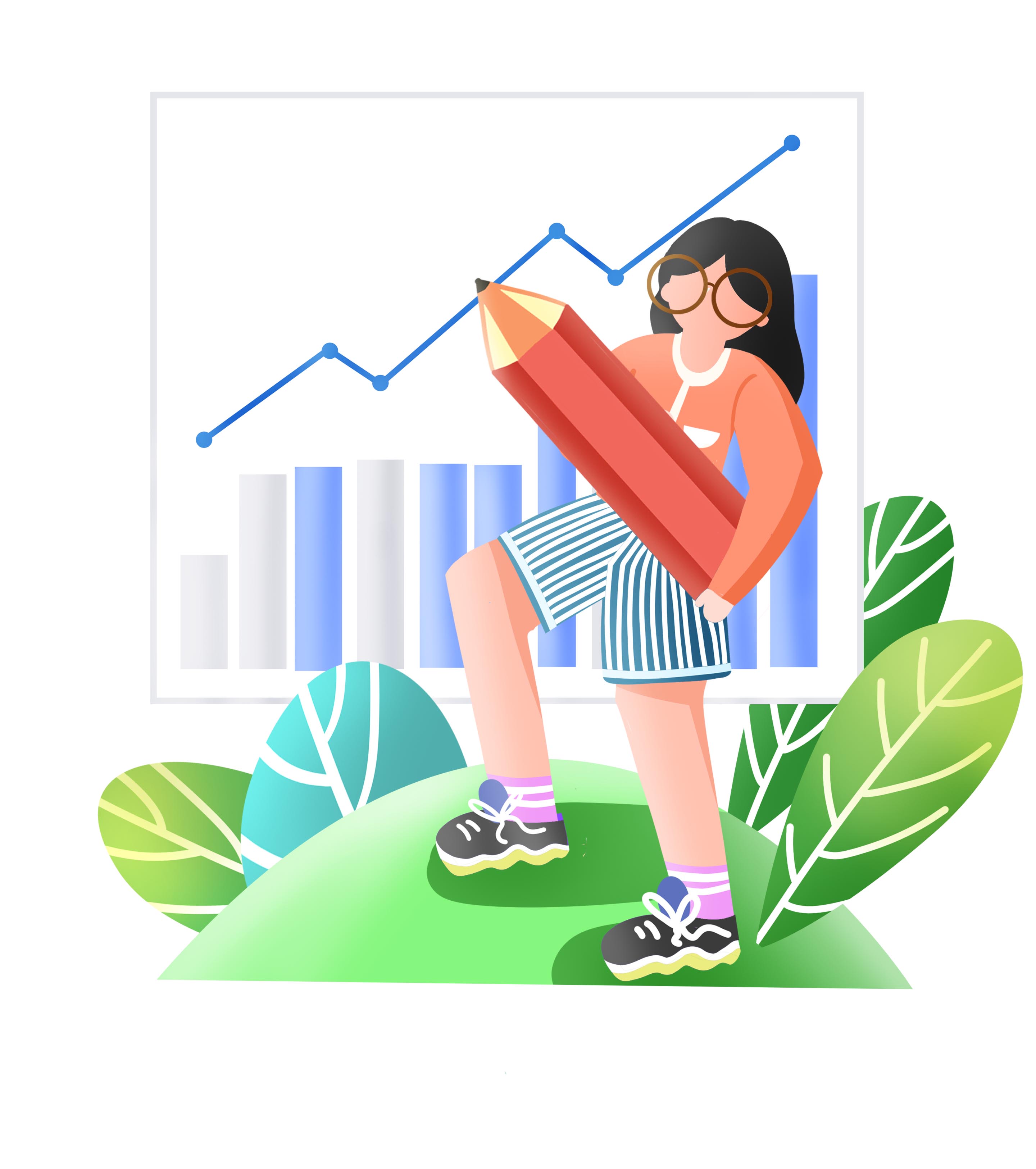 红色女孩铅笔统计元素