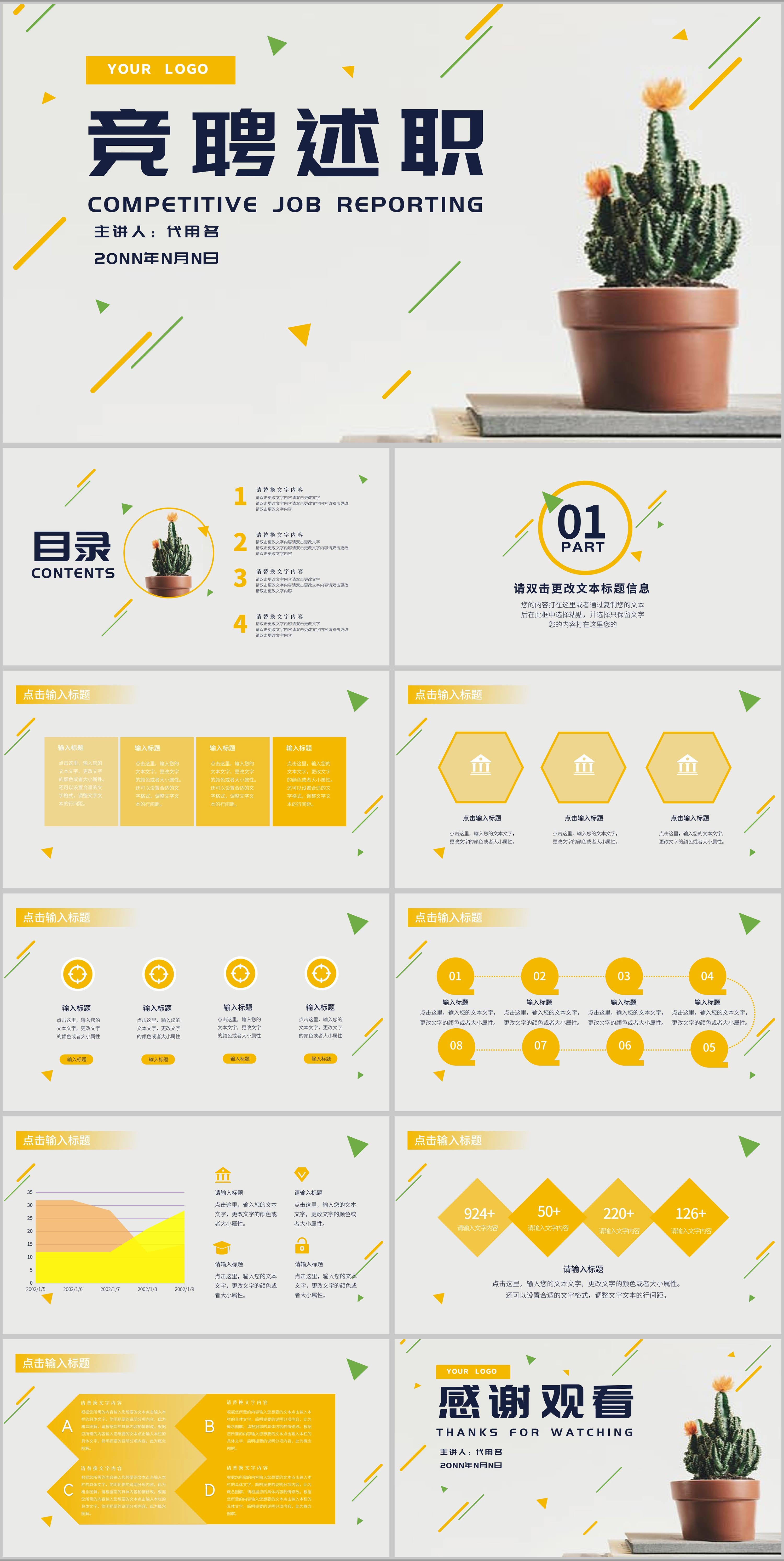 黄色流线简约风竞聘述职PPT模板