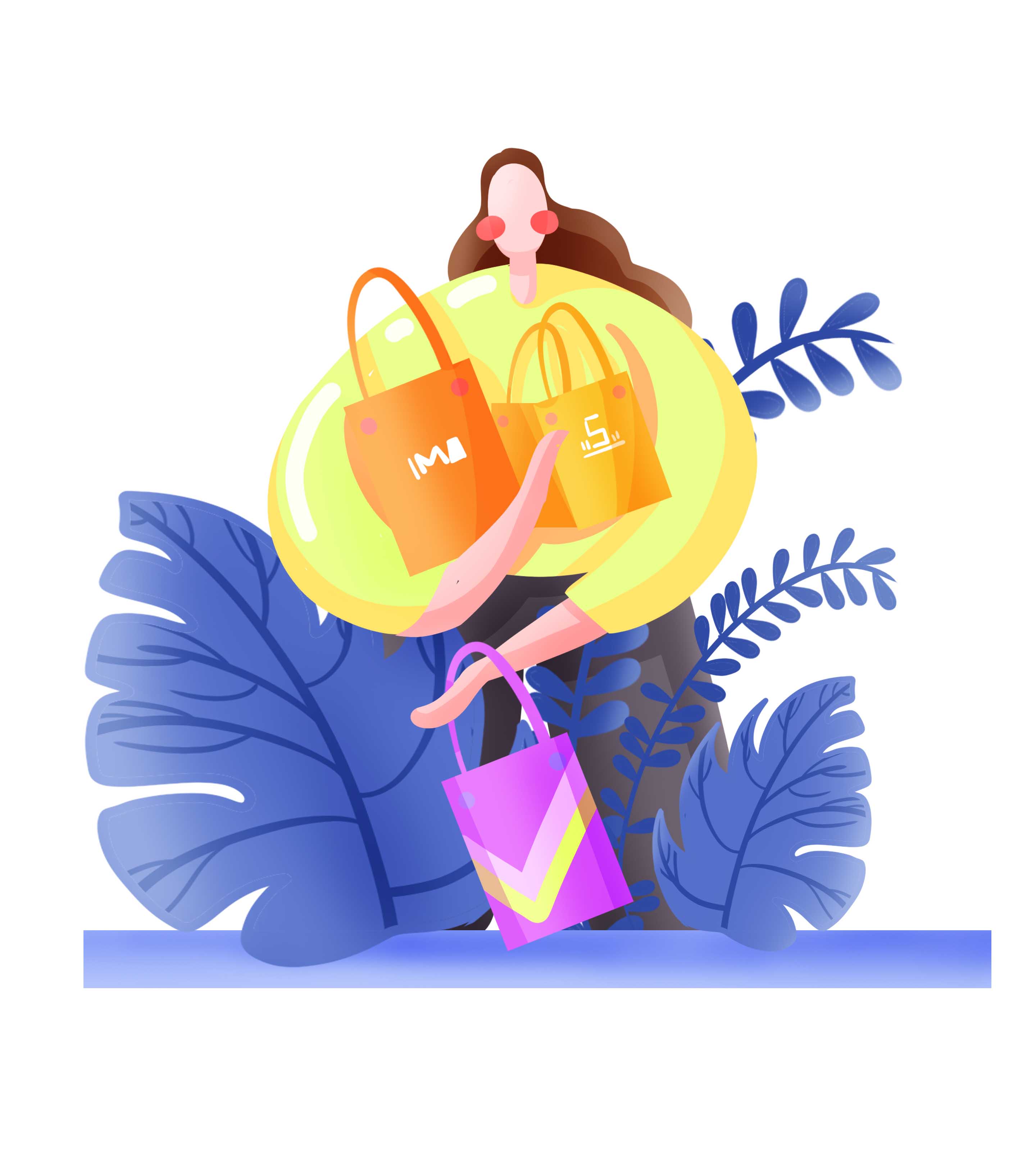 黄色手绘女人购物元素