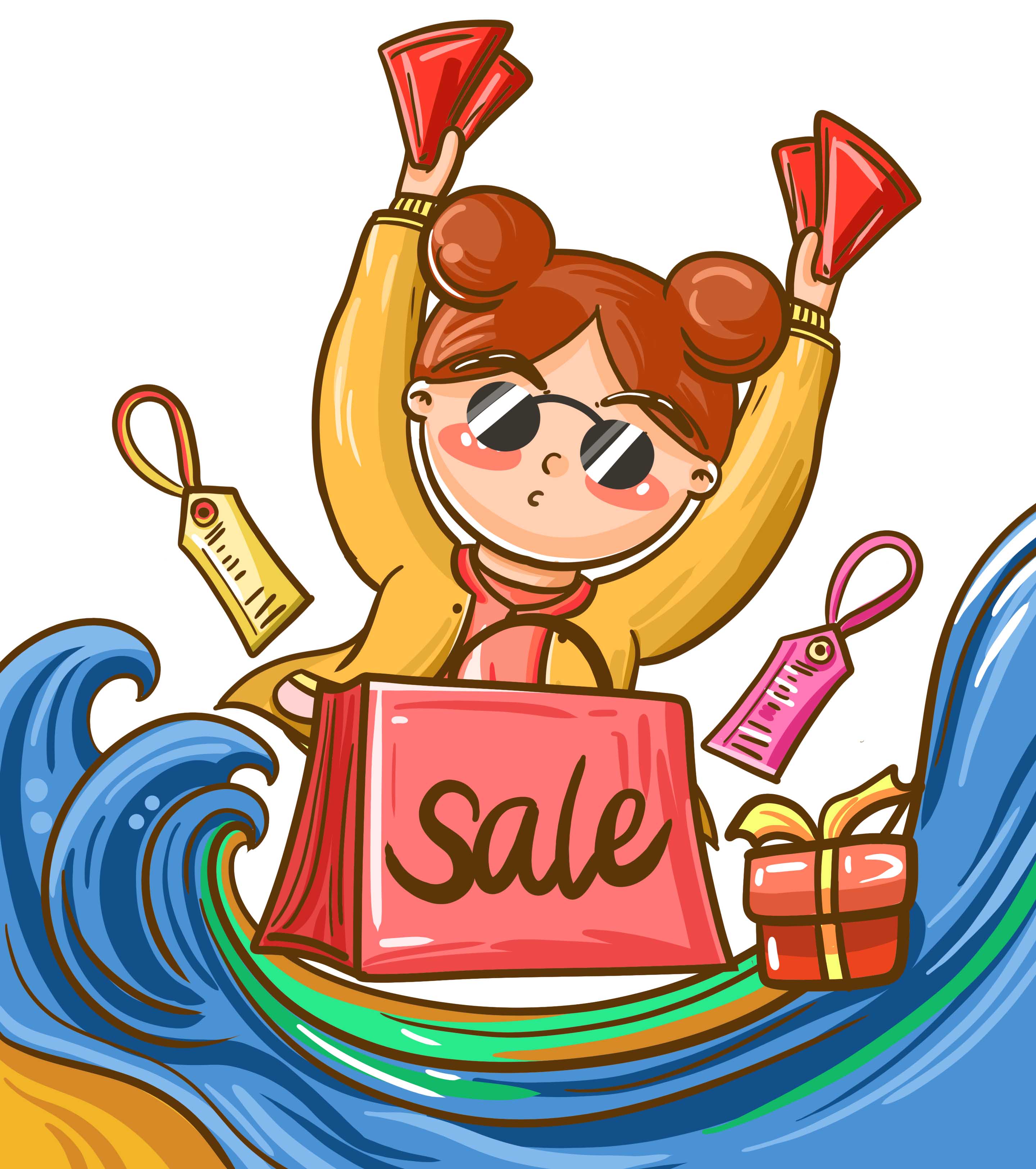 黄色卡通女孩购物海洋元素
