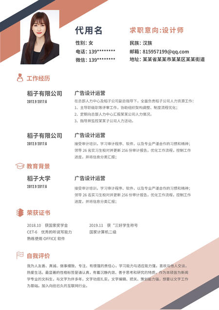 粉色几何边框简约通用简历