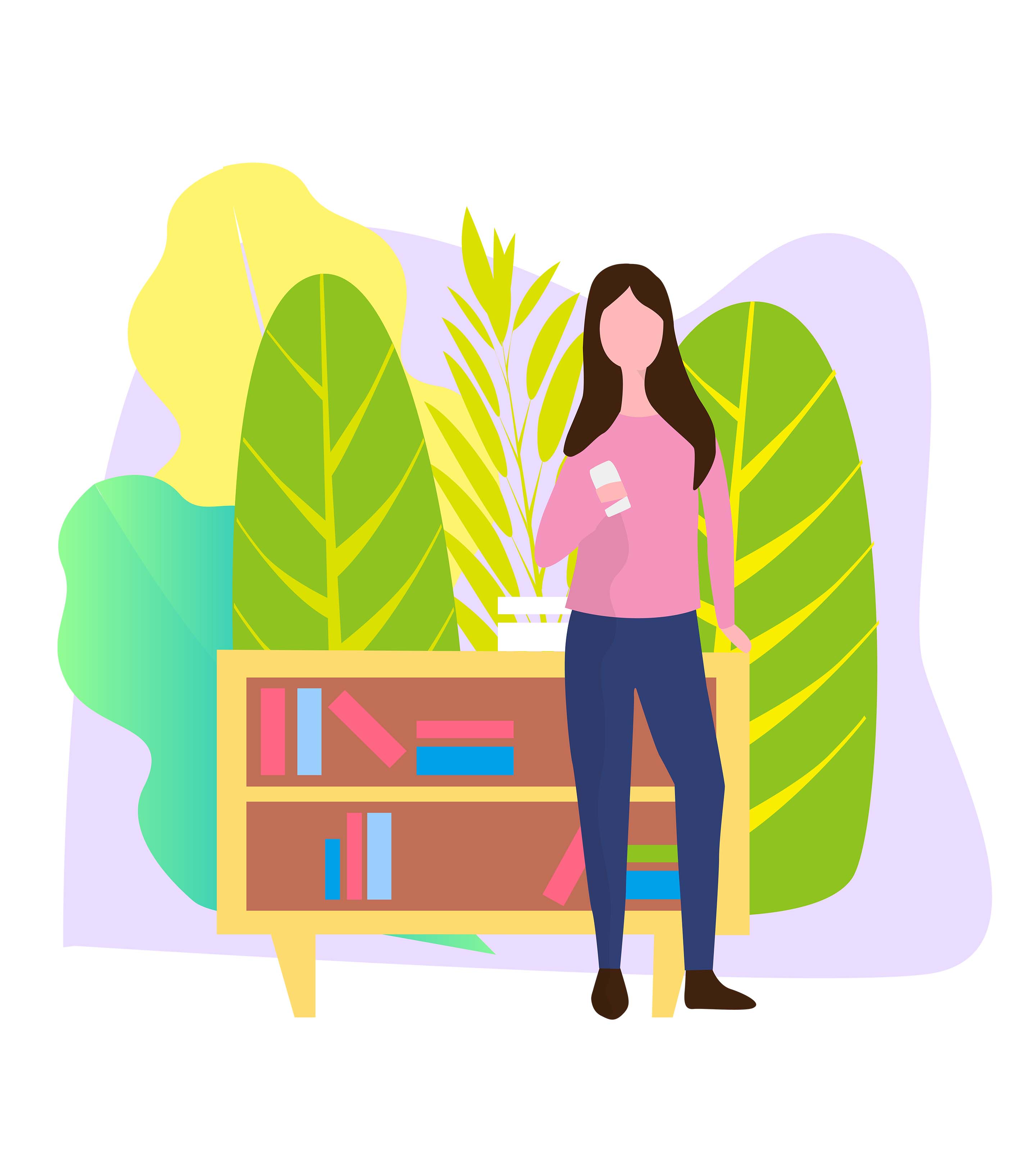 粉色女孩书架植物手绘元素