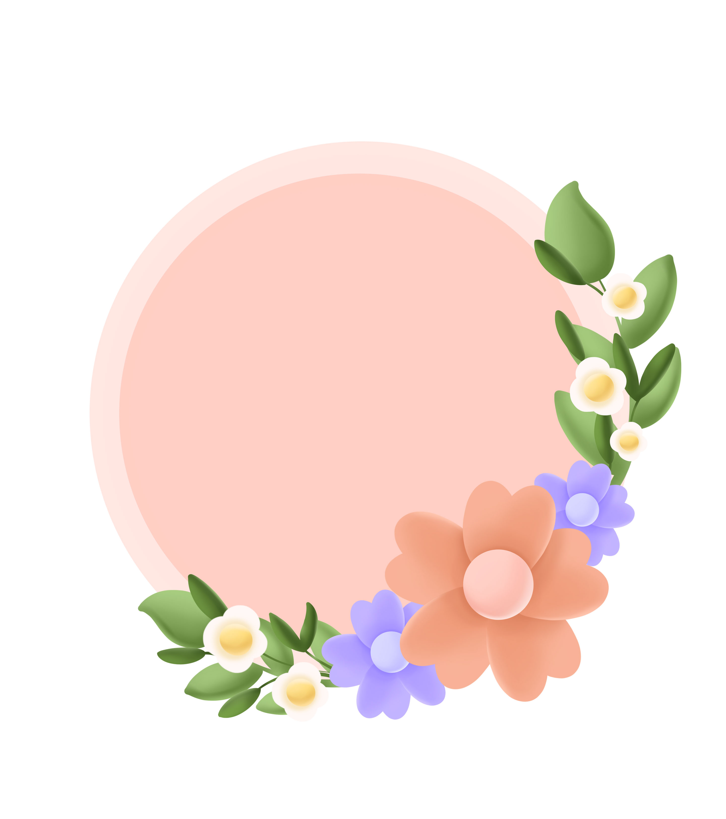 粉色花朵绿叶圆框元素