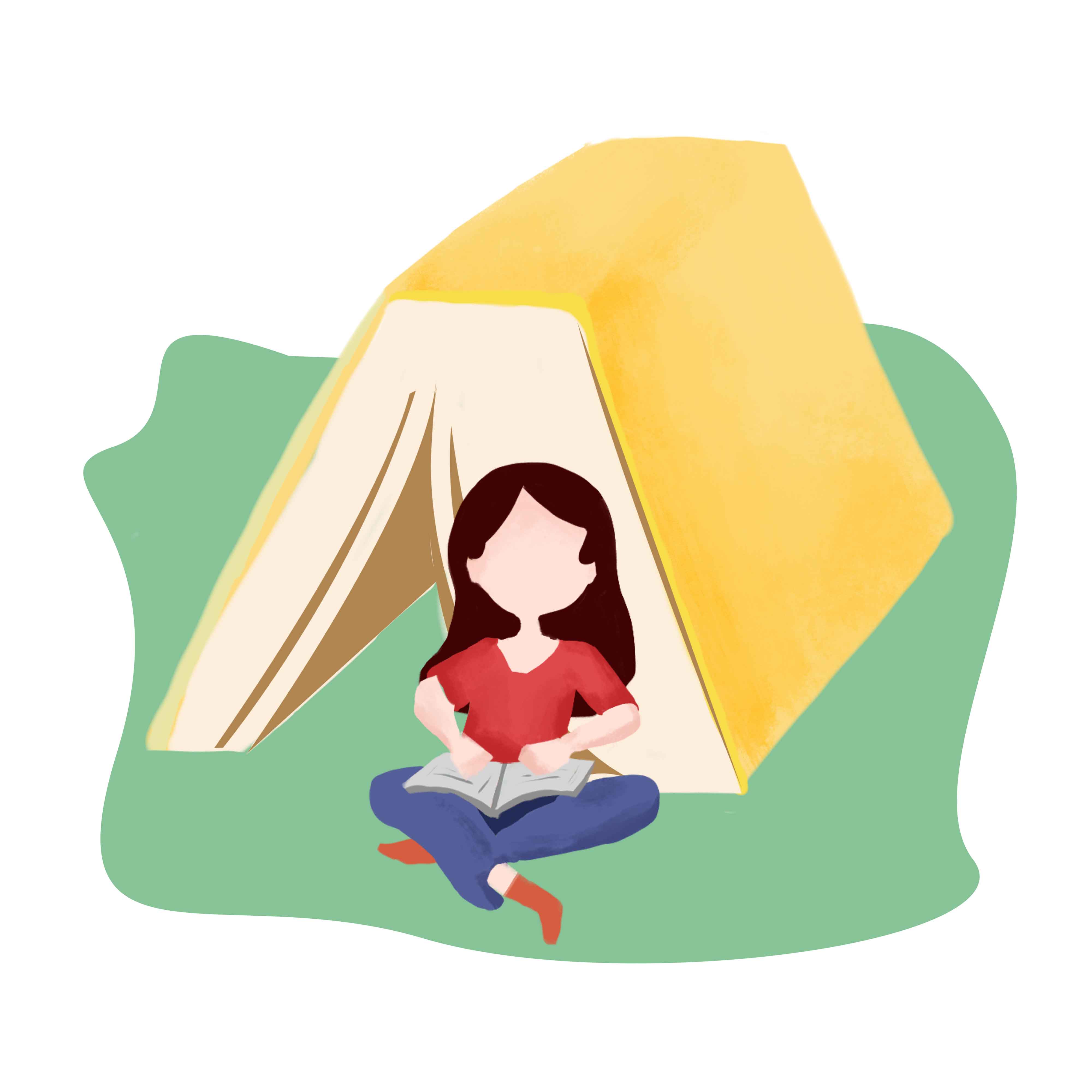 坐在草地读书的女孩教学元素