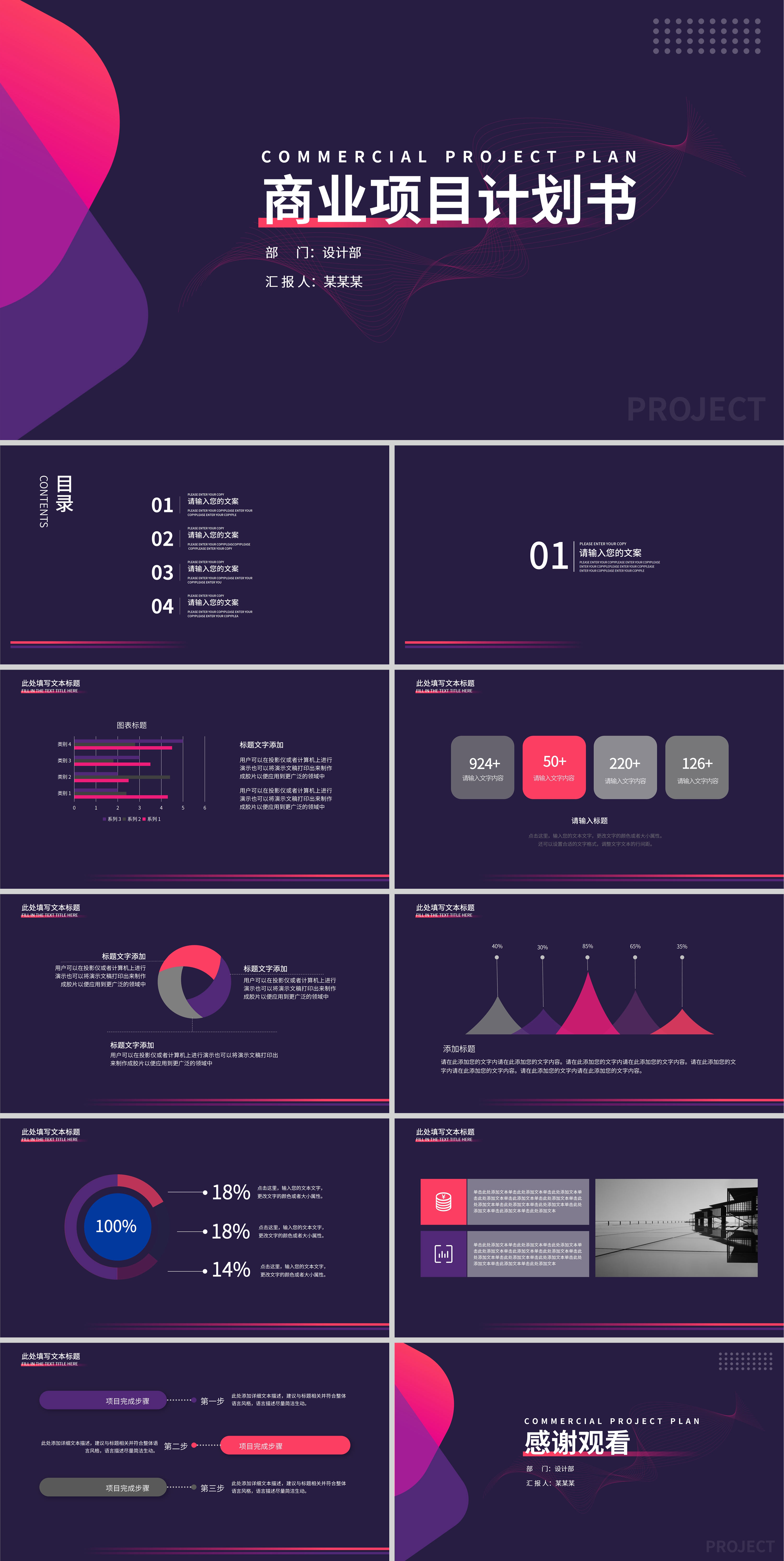 紫色简约风流线商业计划书PPT模板
