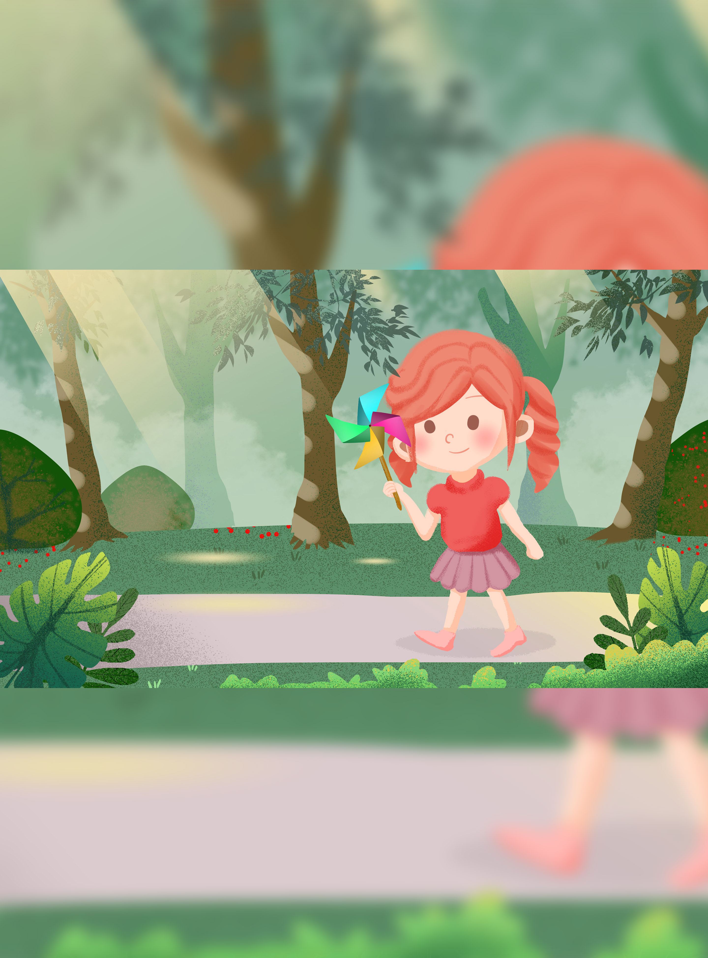 卡通儿童节小女孩公园游玩插画