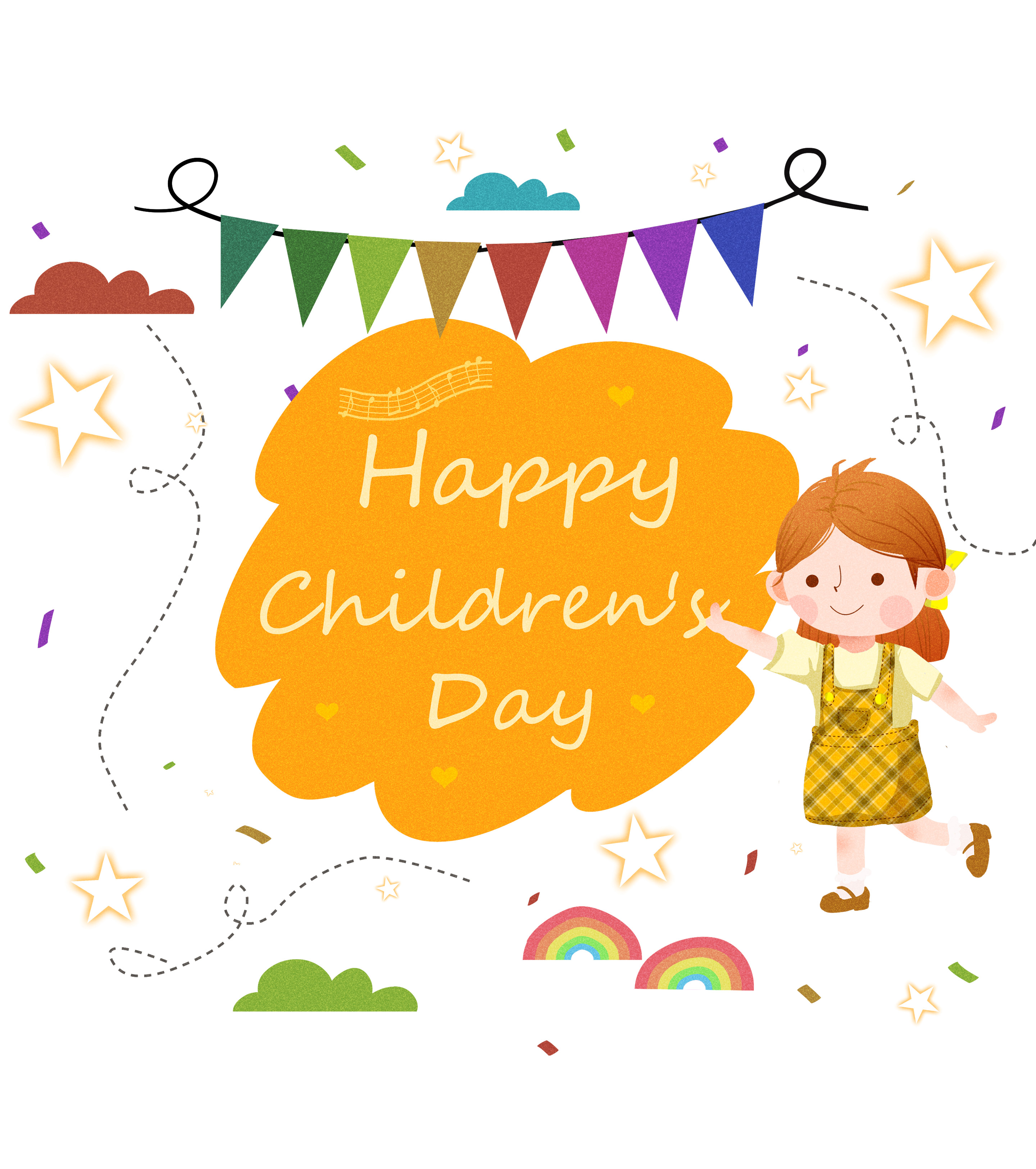 儿童节彩带黄衣小女孩元素