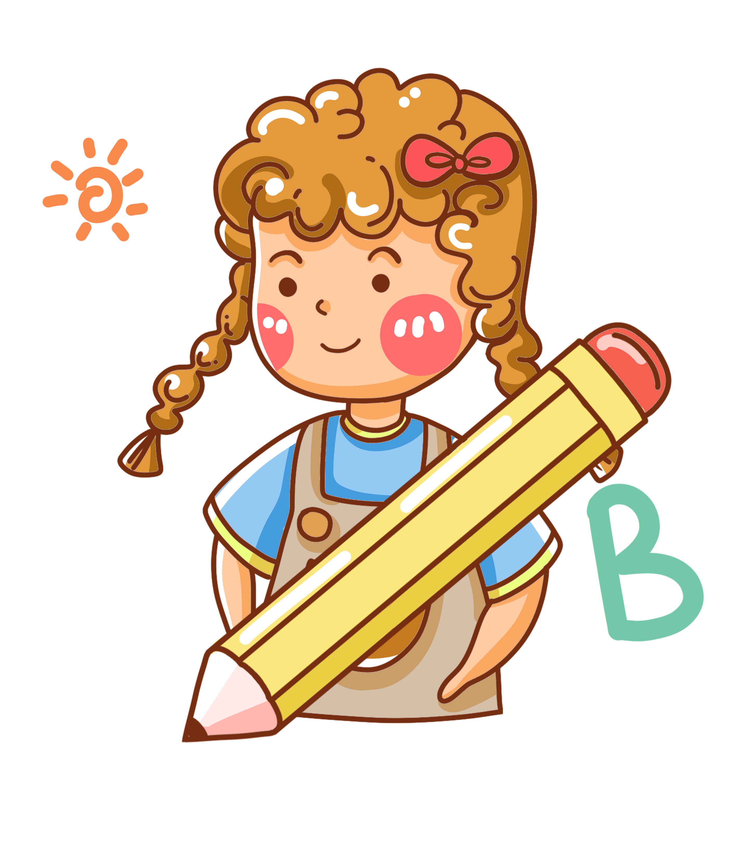 卡通卷头拿铅笔女孩元素