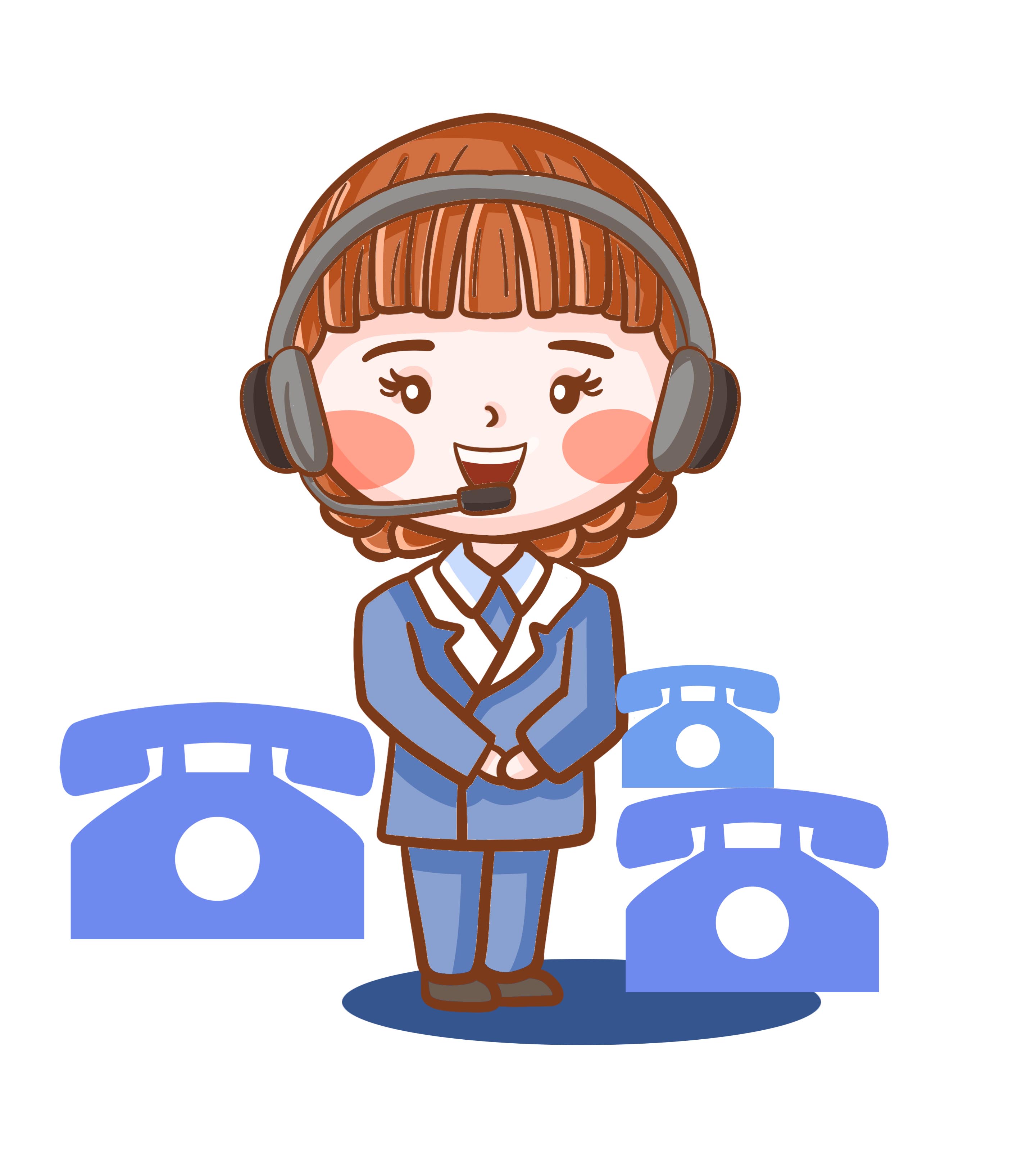 卡通蓝色电话客服小女孩手绘元素