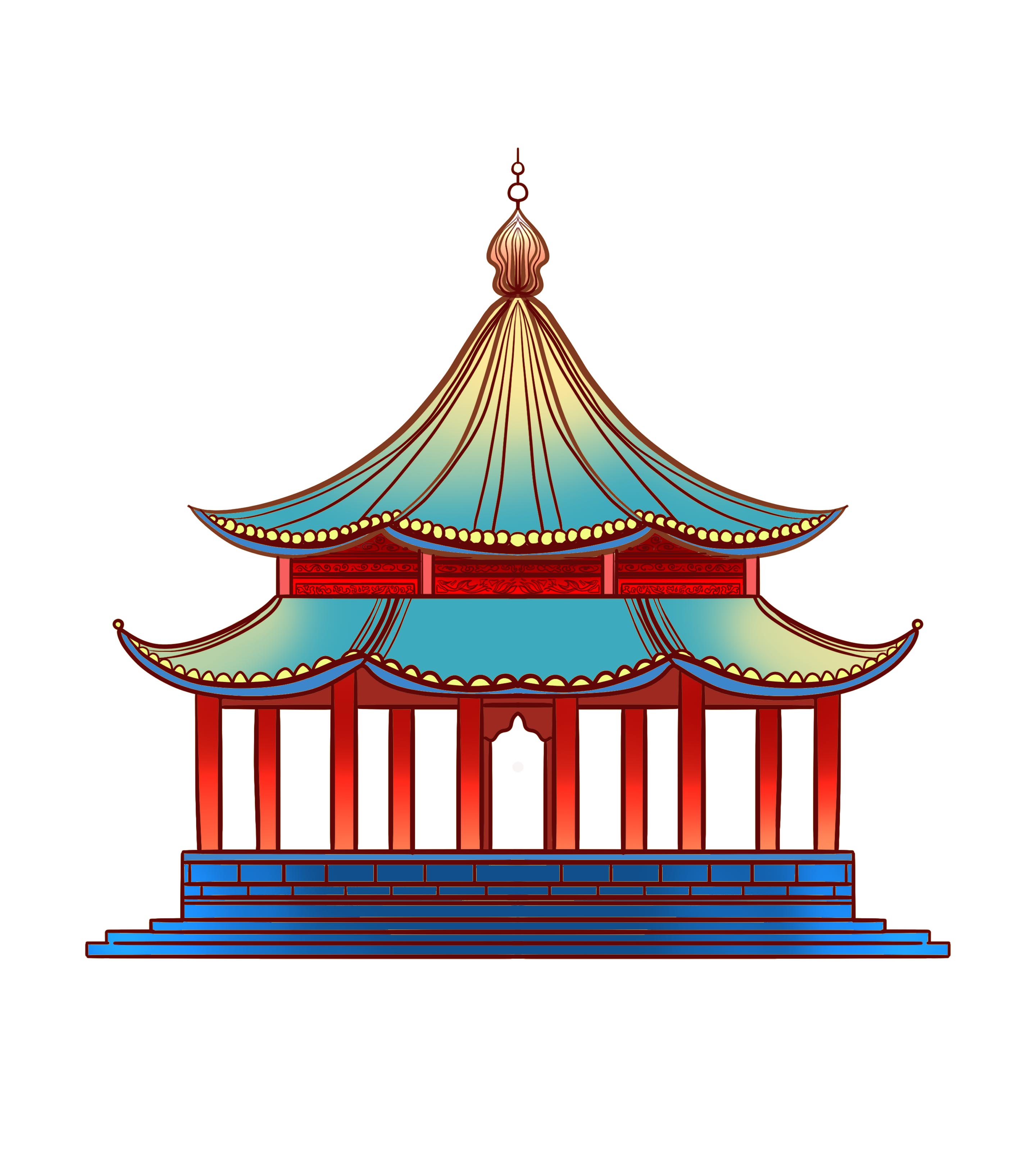 卡通古亭建筑手绘元素