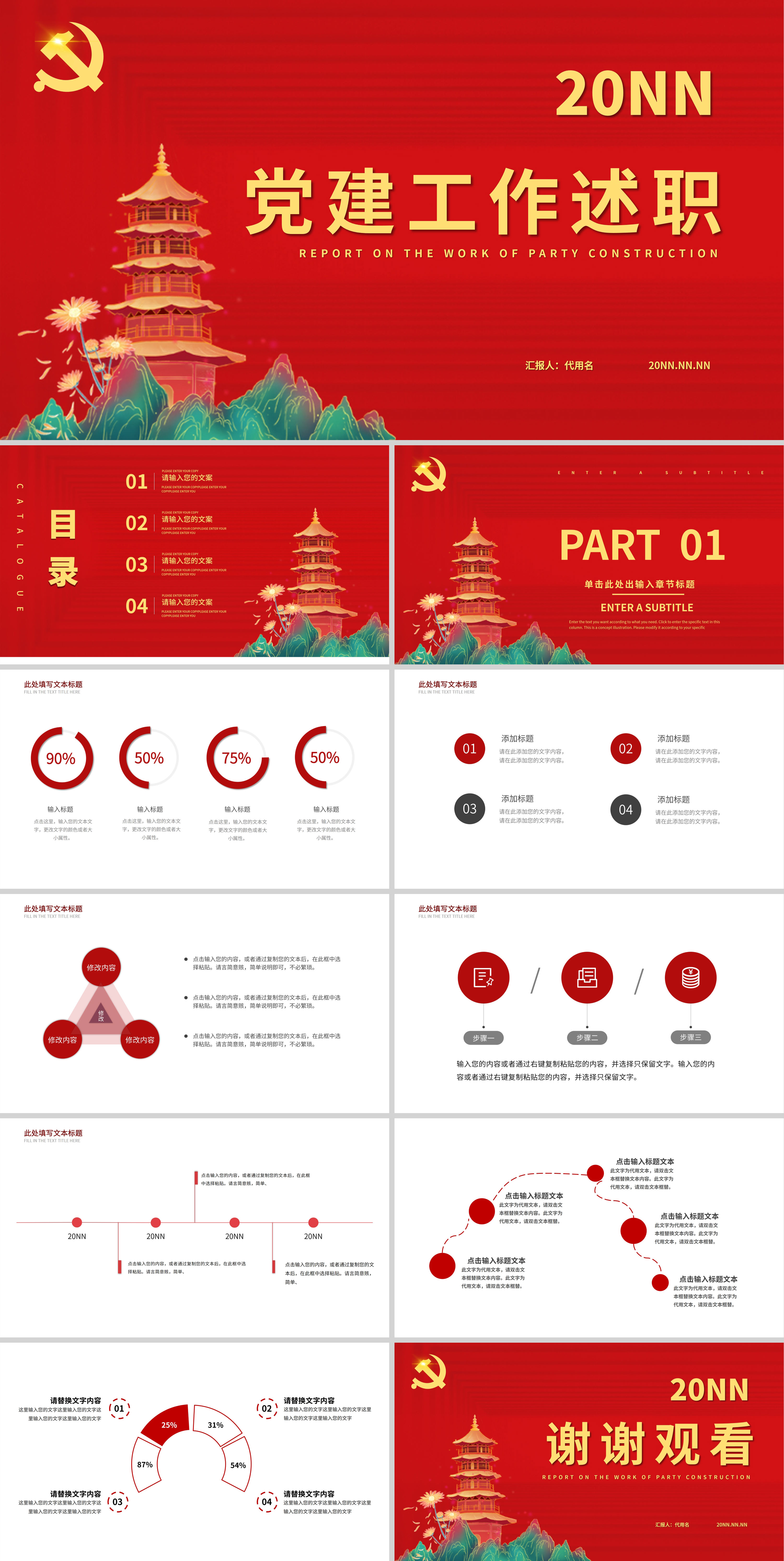 红色中国风党建工作述职PPT模板