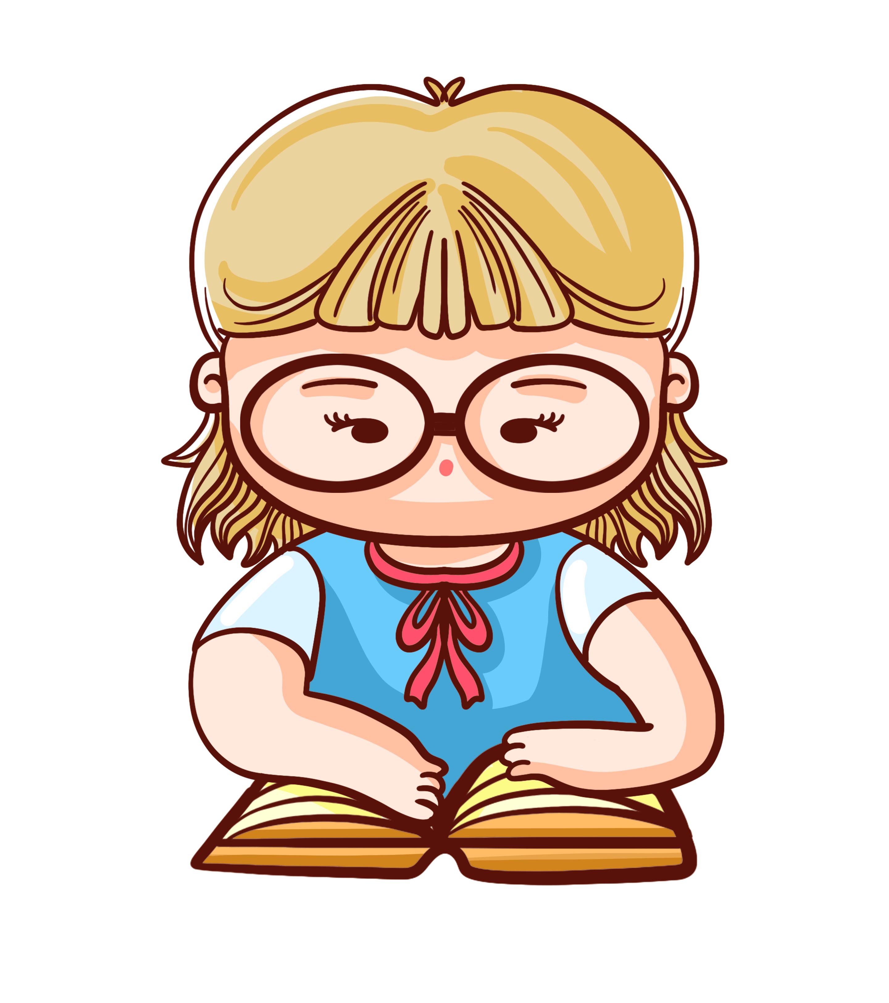 卡通戴眼镜学习的小女孩手绘元素