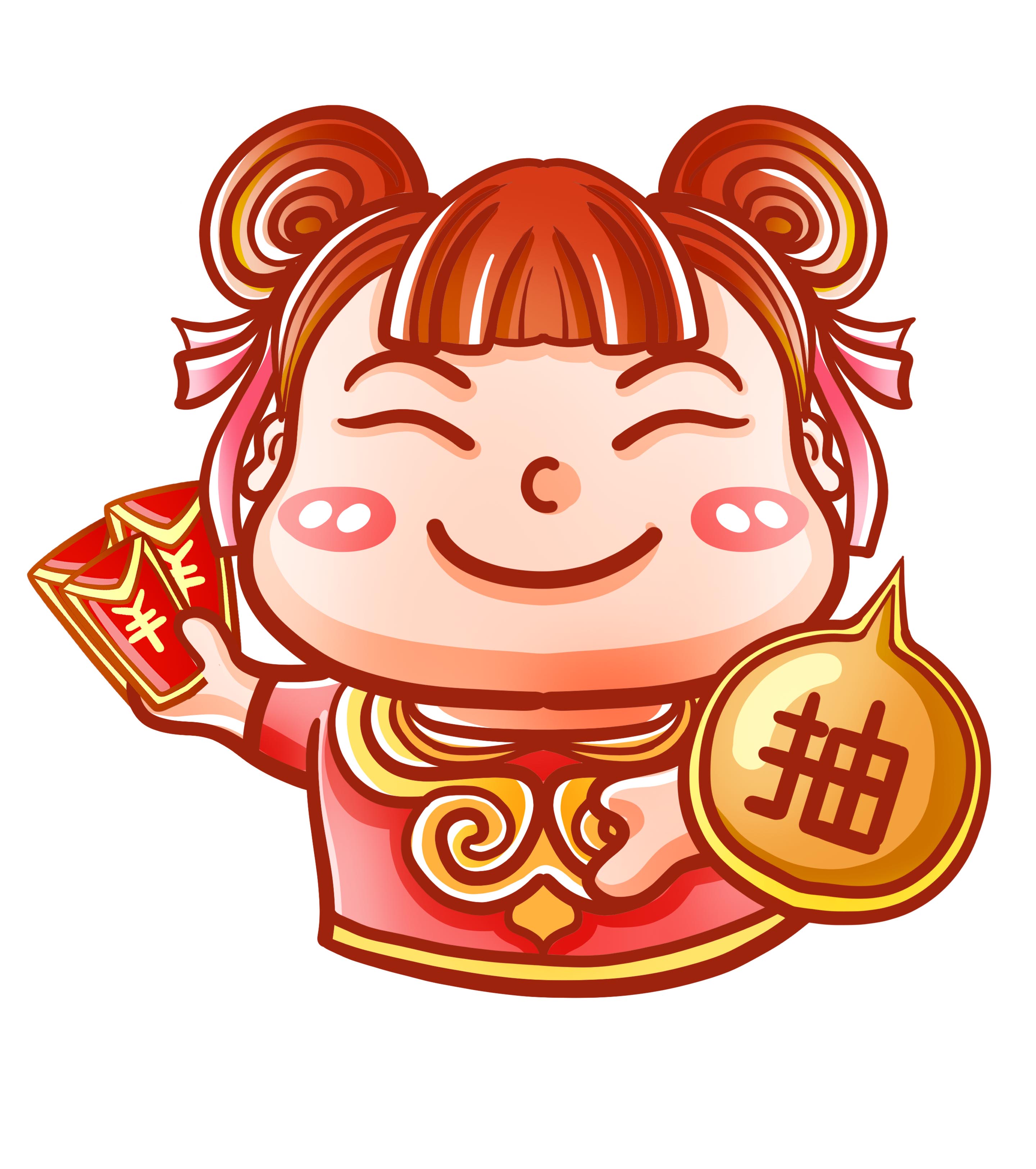 红色丸子头胖妞红包元素