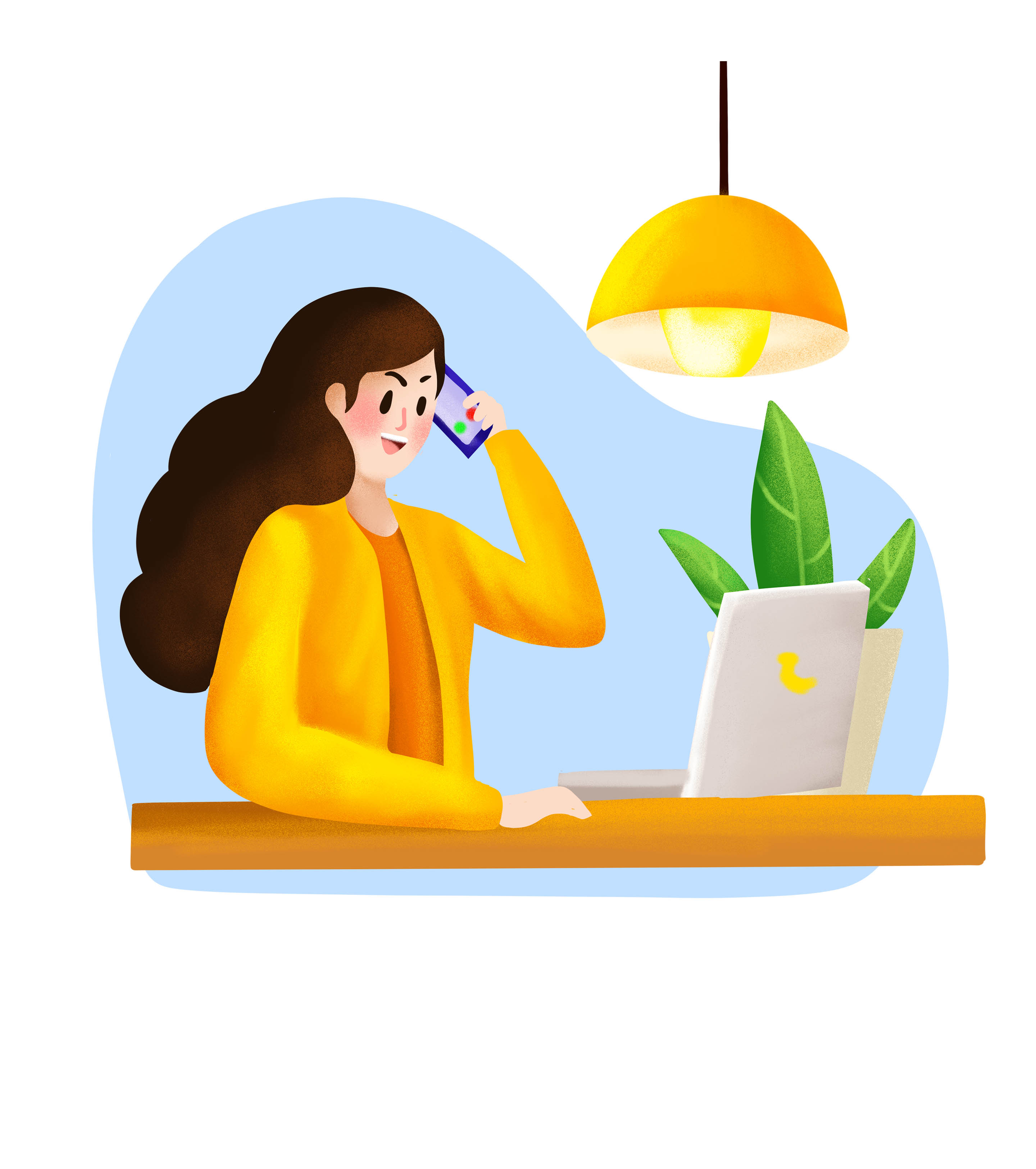 卡通黄色女人电话客服手绘元素