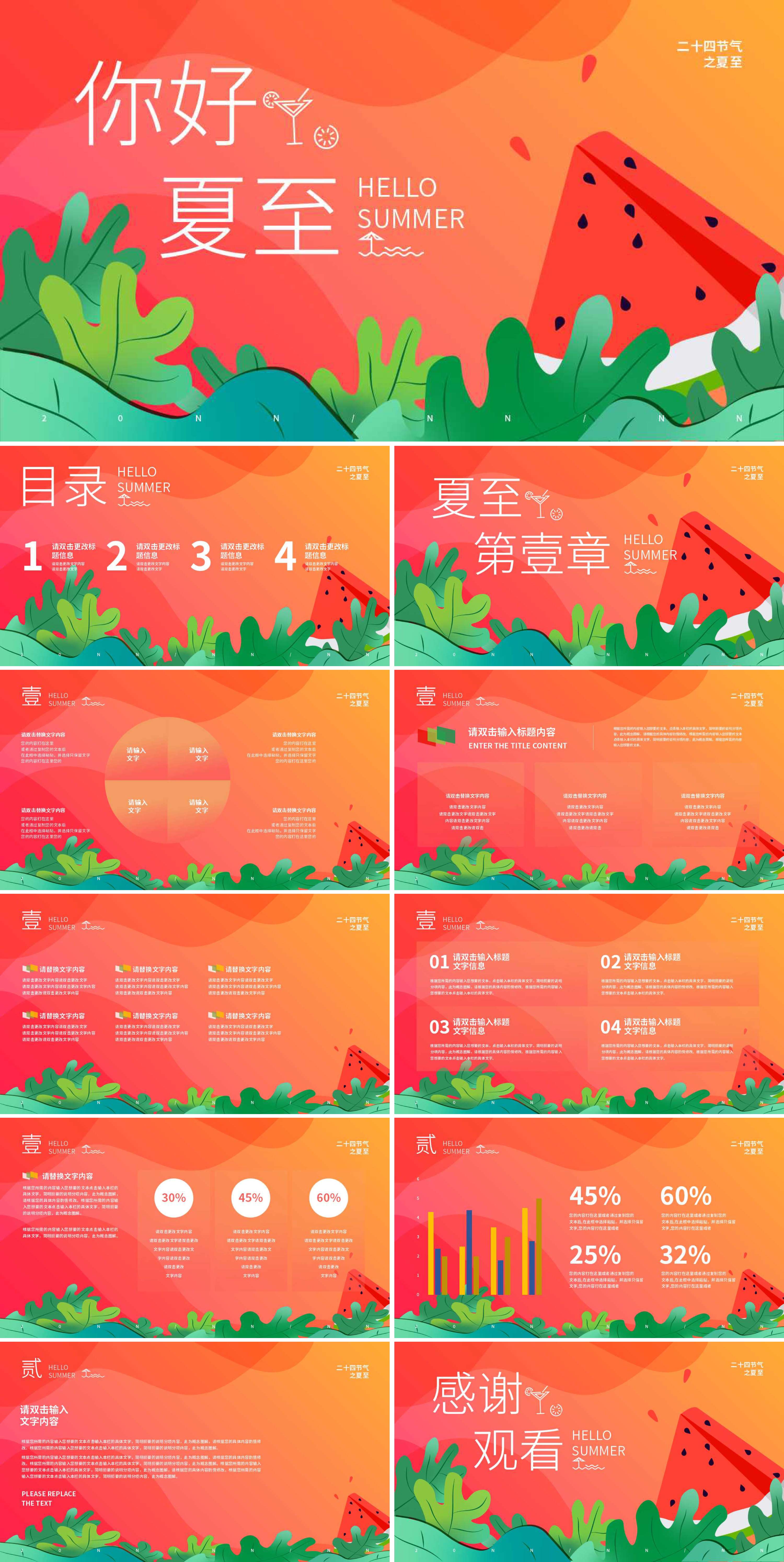 红黄渐变二十四节气夏至PPT模板