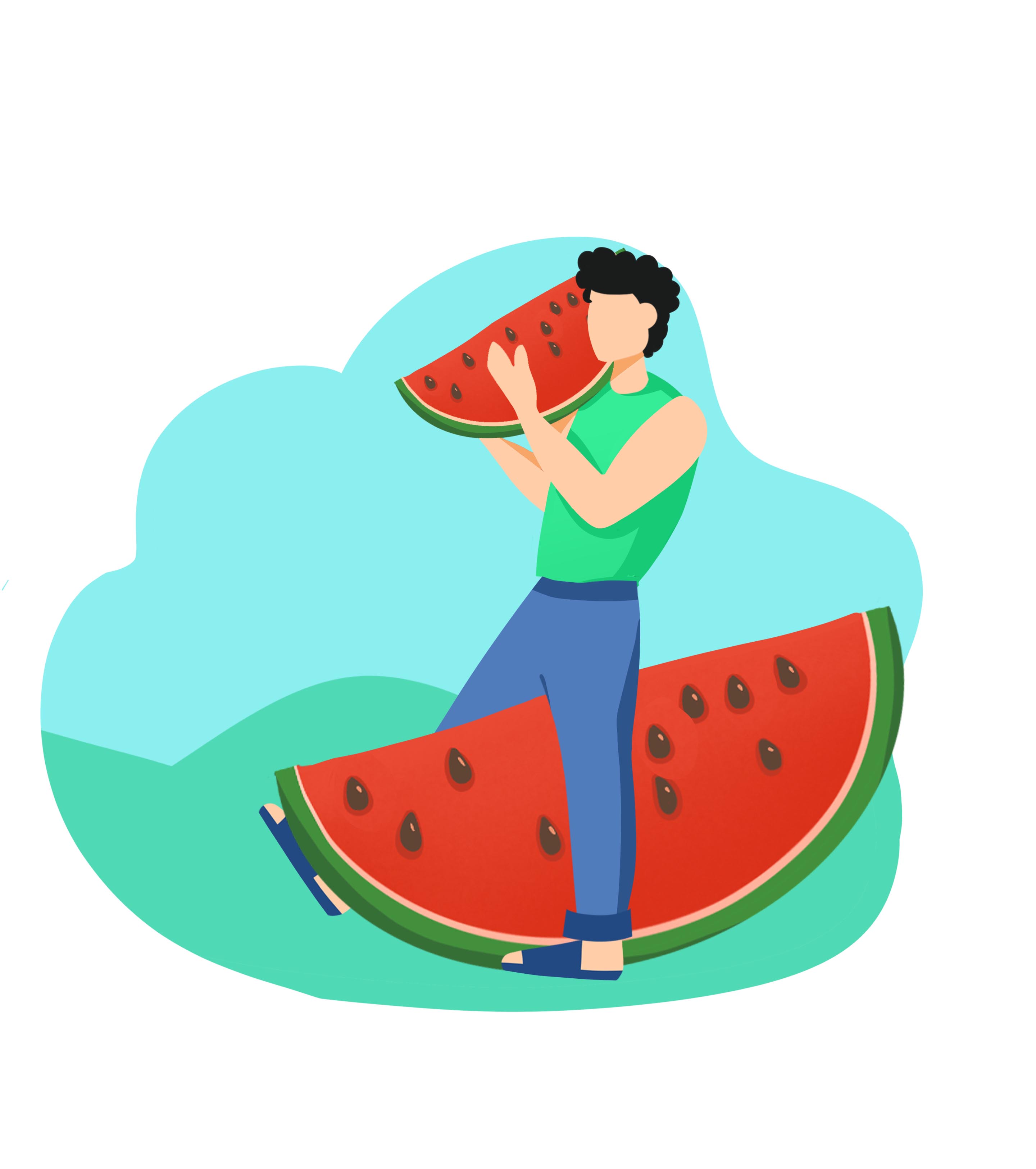 搬西瓜男孩夏日卡通元素